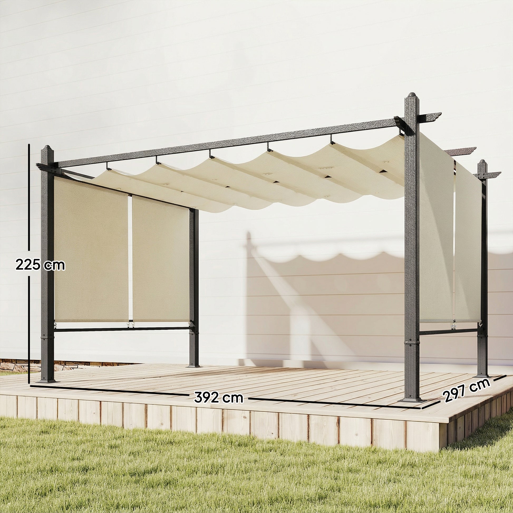 Outsunny Pérgola de Jardín 4x3 m con Techo Retráctil y 4 Cortinas Enrollables Automáticas, Cenador de Jardín con Protección UV50+, Estructura de Aluminio, Drenaje, Pabellón para Exterior, Crema