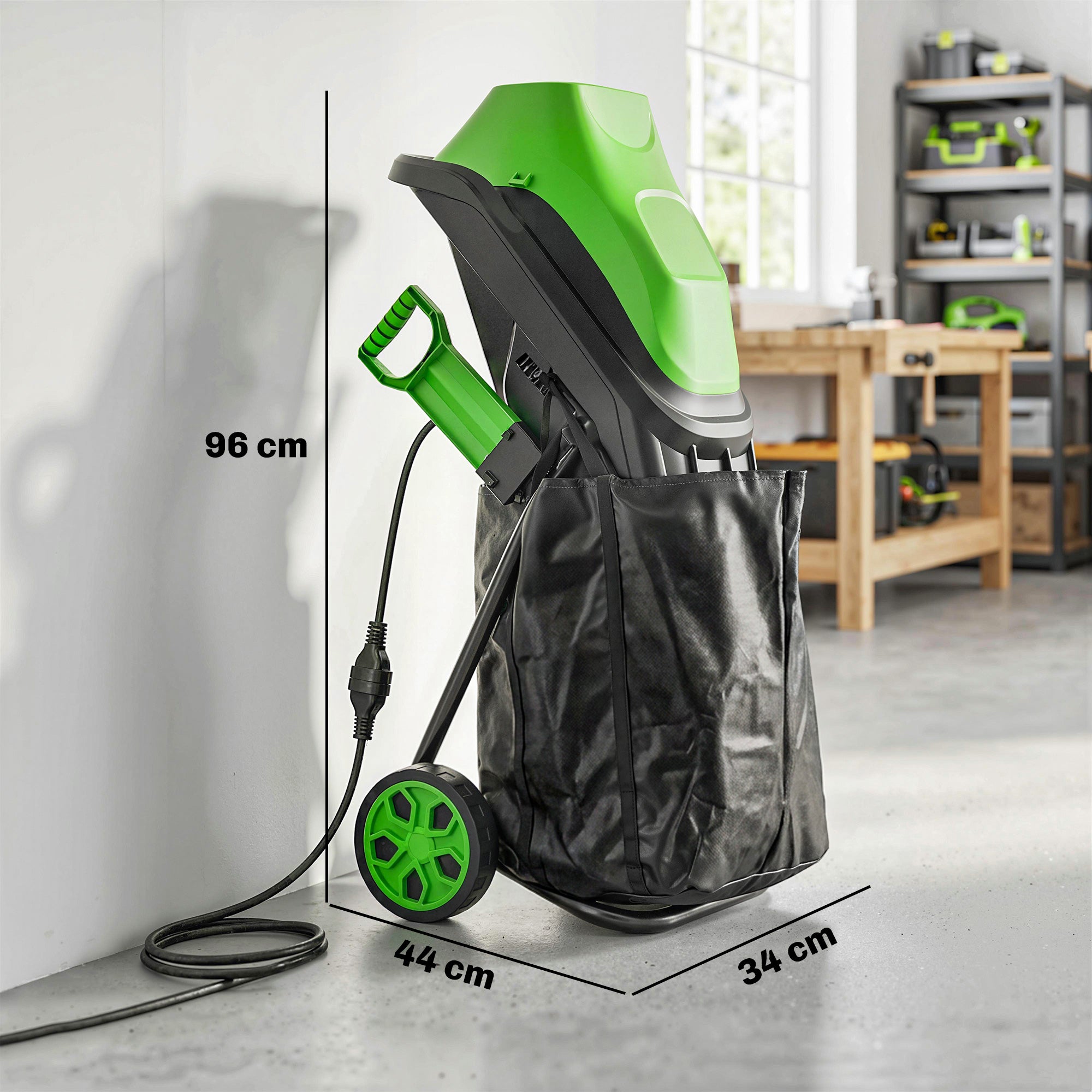 Outsunny Trituradora de Ramas Eléctrica 2500W, Trituradora de Jardín con 2 Cuchillas Reversibles hasta Ø44 mm de Ramas, Bolsa de Recolección de 45L, Ruedas y Protección de Sobrecarga, Verde