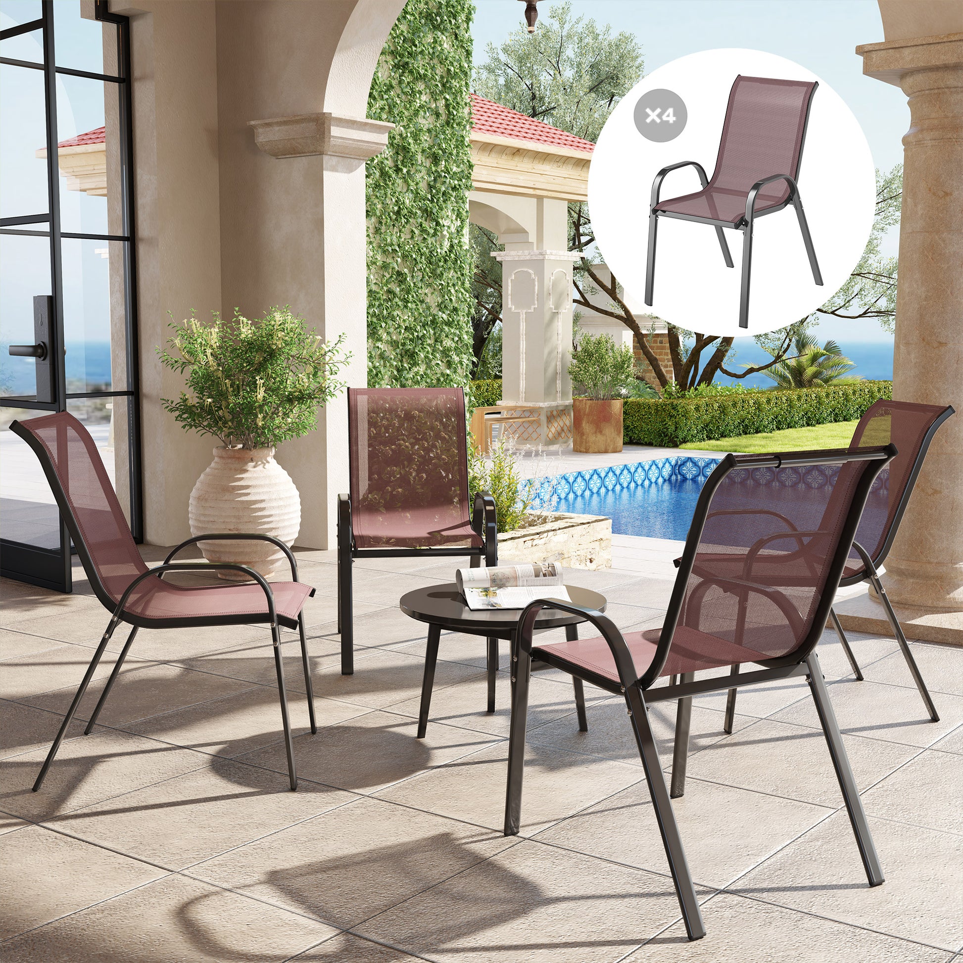 Outsunny Juego de 4 Sillas de Jardín Exterior, Sillas Terraza Exterior Apilables, Sillas de Jardín con Tela Transpirable, Marco de Acero, Reposabrazos y Respaldo, 54x71x93 cm, Marrón Oscuro y Negro
