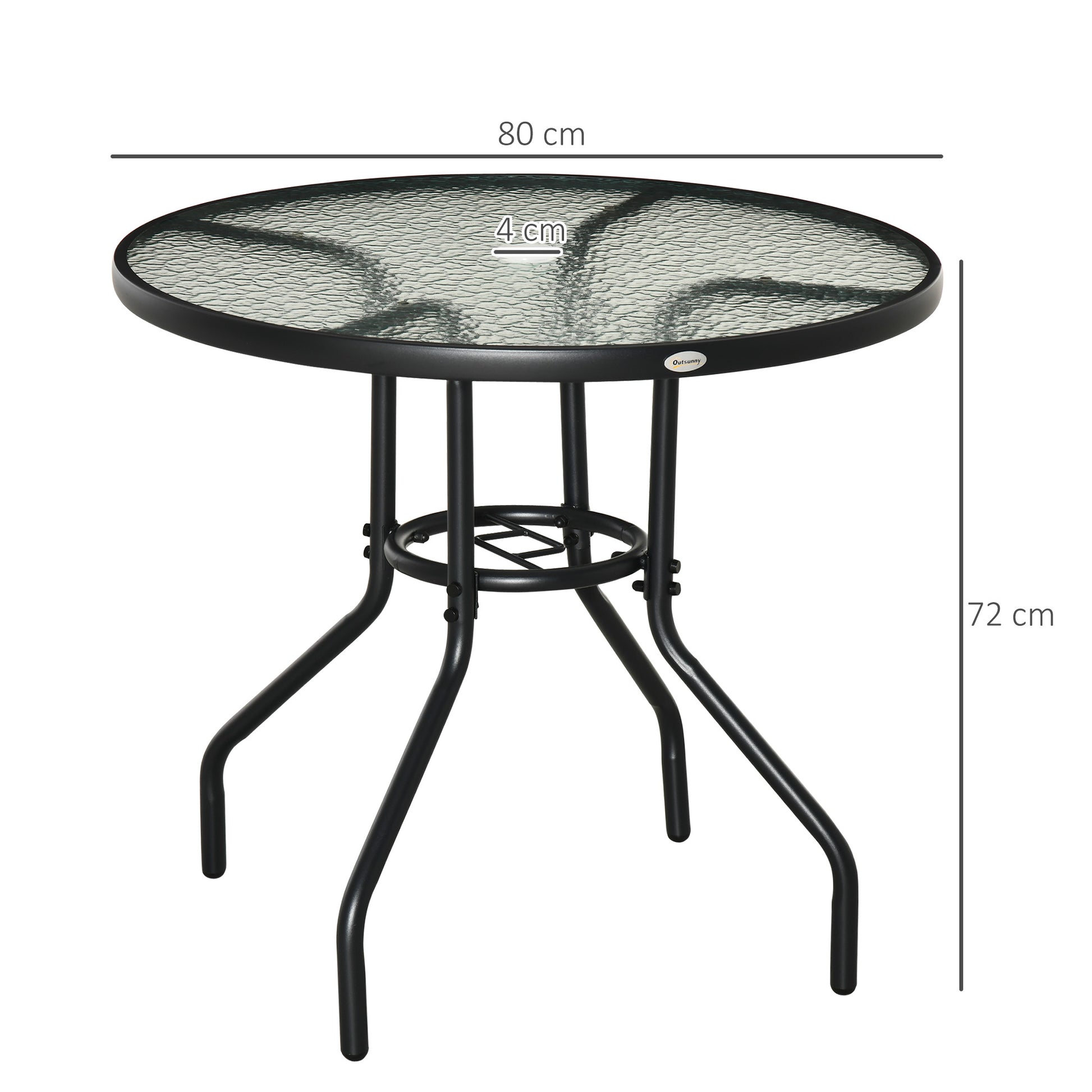 Outsunny Mesa de Jardín Redonda Mesa de Exterior Ø80x72 cm con Agujero para Sombrilla y Encimera de Vidrio Templado para Patio Terraza Negro