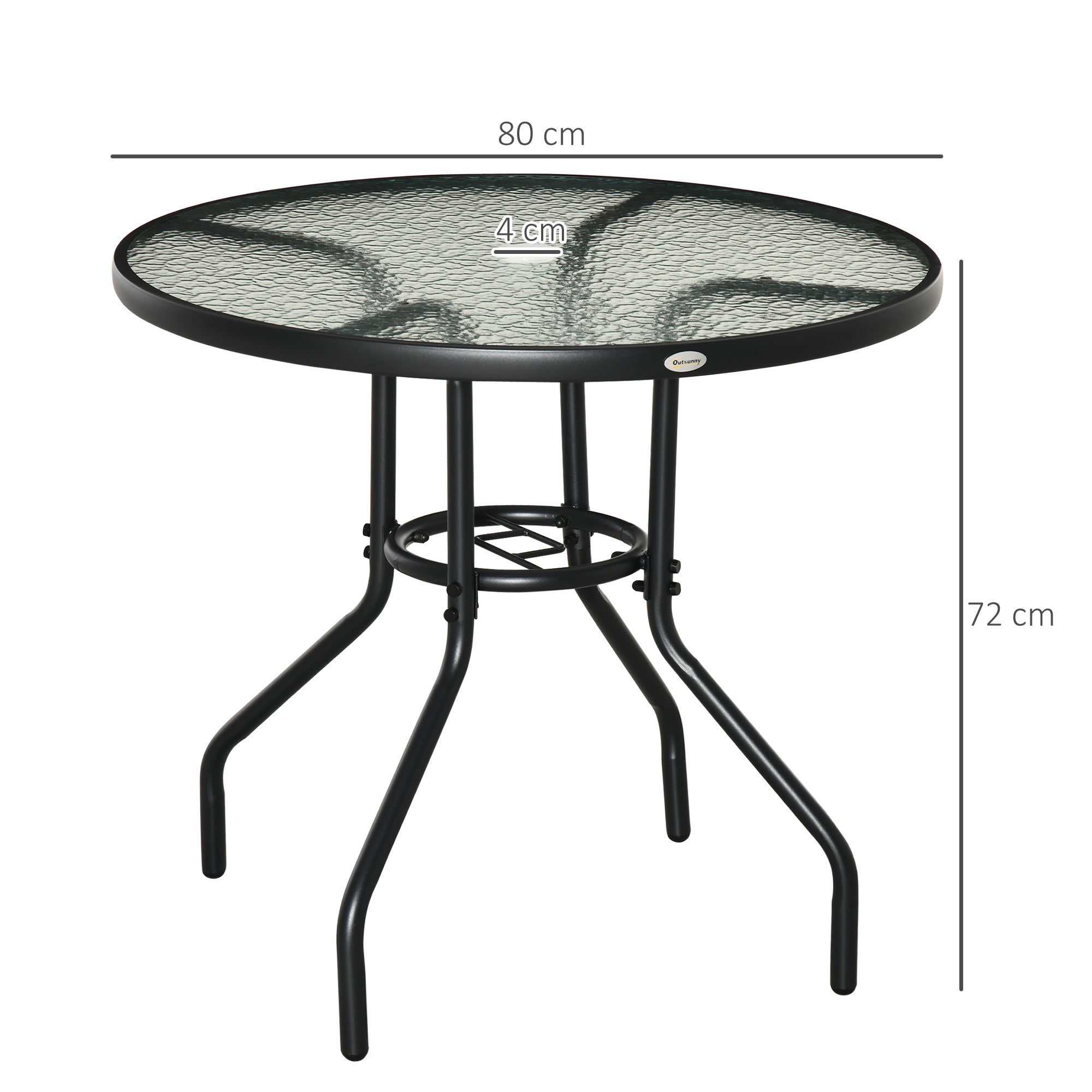Outsunny Mesa de Jardín Redonda Mesa de Exterior Ø80x72 cm con Agujero para Sombrilla y Encimera de Vidrio Templado para Patio Terraza Negro