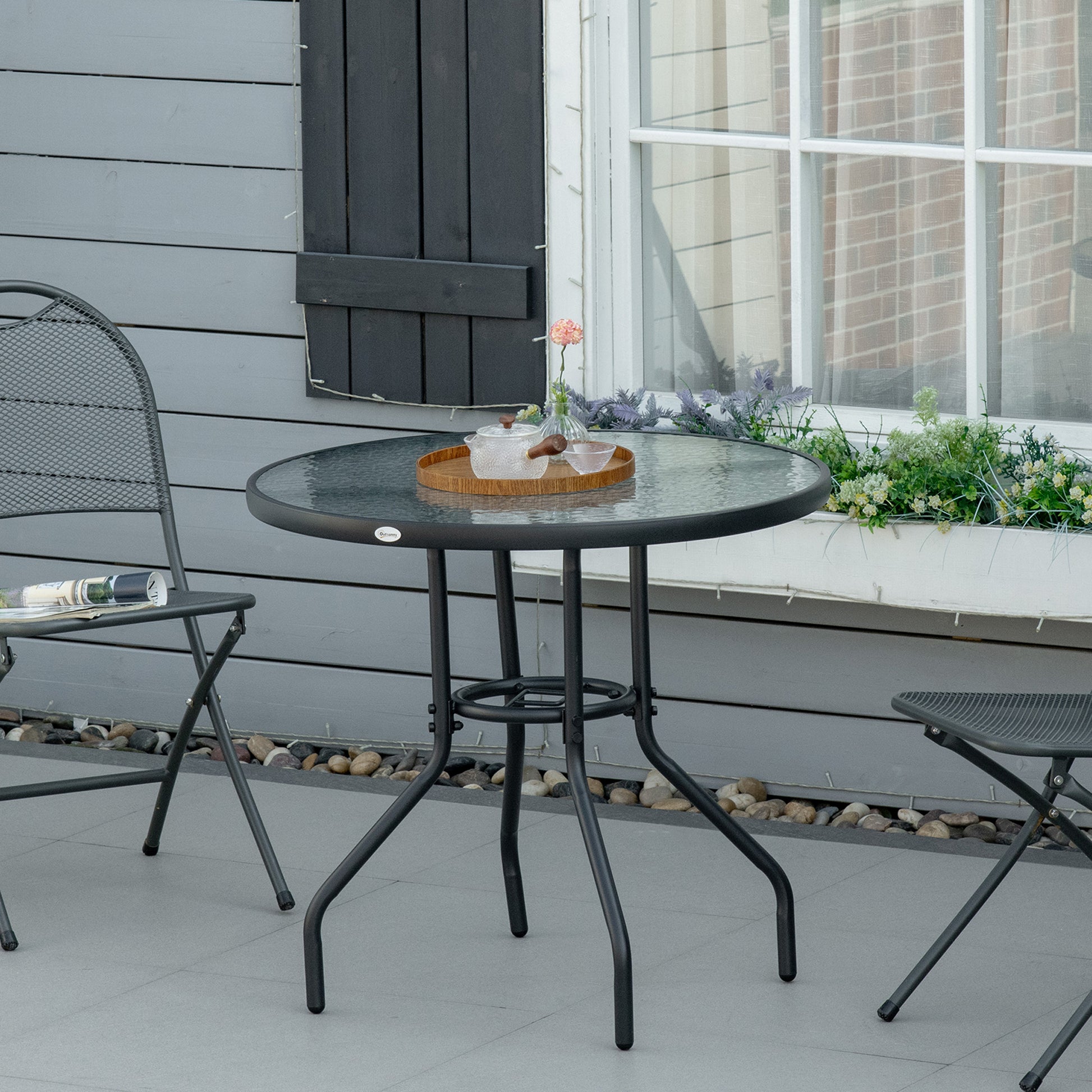 Outsunny Mesa de Jardín Redonda Mesa de Exterior Ø80x72 cm con Agujero para Sombrilla y Encimera de Vidrio Templado para Patio Terraza Negro