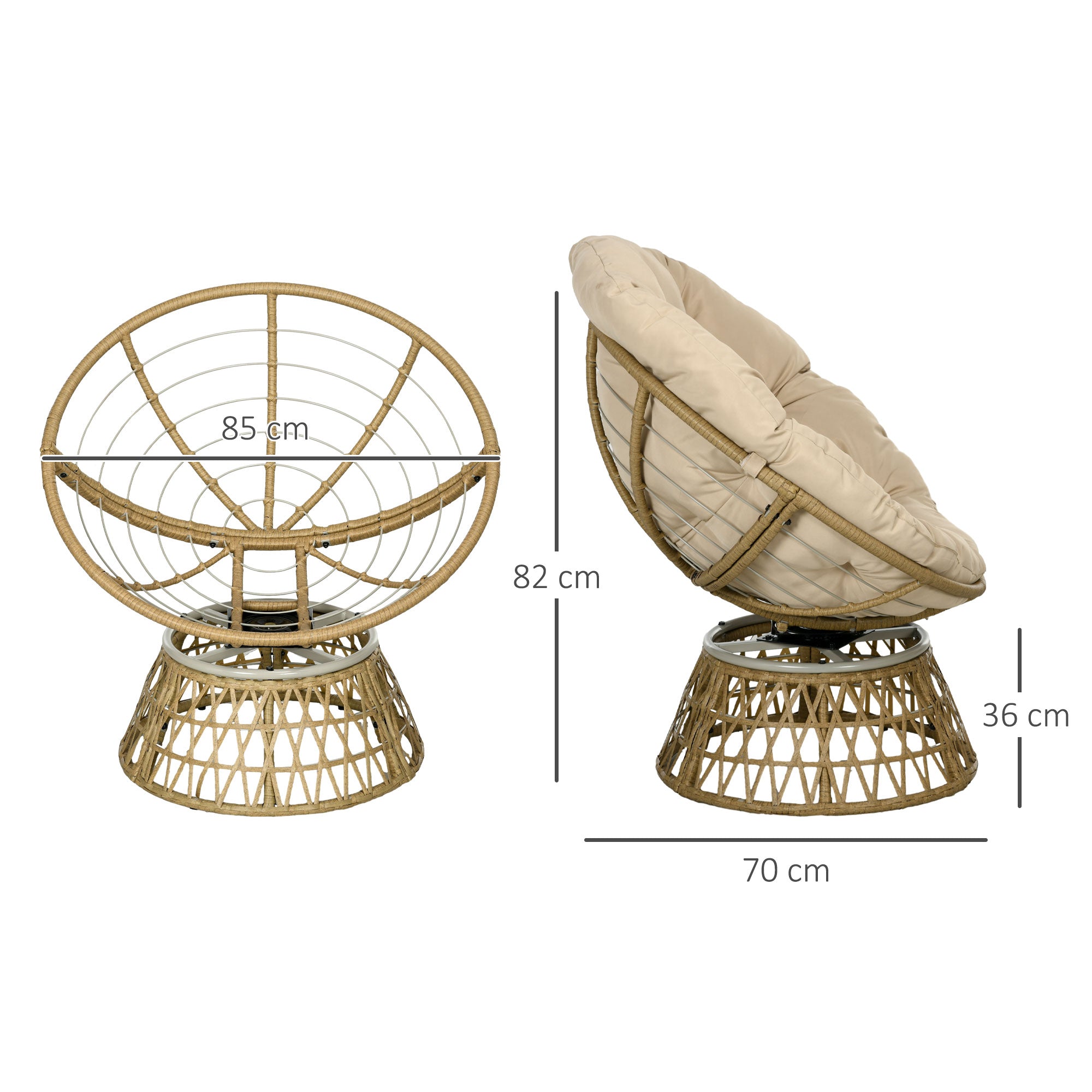 Outsunny Sillón Papasan Giratorio 360° de Ratán Sintético, Silla Redonda de Mimbre PE con Cojín y Marco de Acero, Resistente a Intemperie, Carga 120 kg, para Jardín, Terraza, 85x70x82 cm, Amarillo