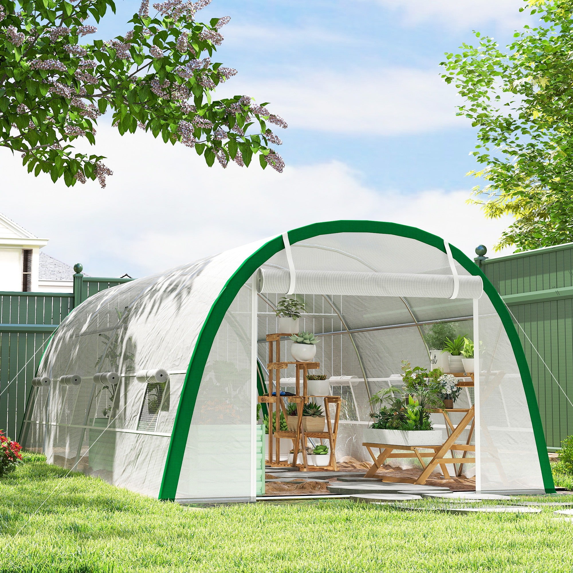 Outsunny Invernadero de Exterior 6x3x2 m, Invernadero de Túnel con Puerta Enrollable, 8 Ventanas de Malla, Cubierta PE 140g/m², Marco de Acero Galvanizado, Anti-UV, para Cultivos, Plantas, Blanco