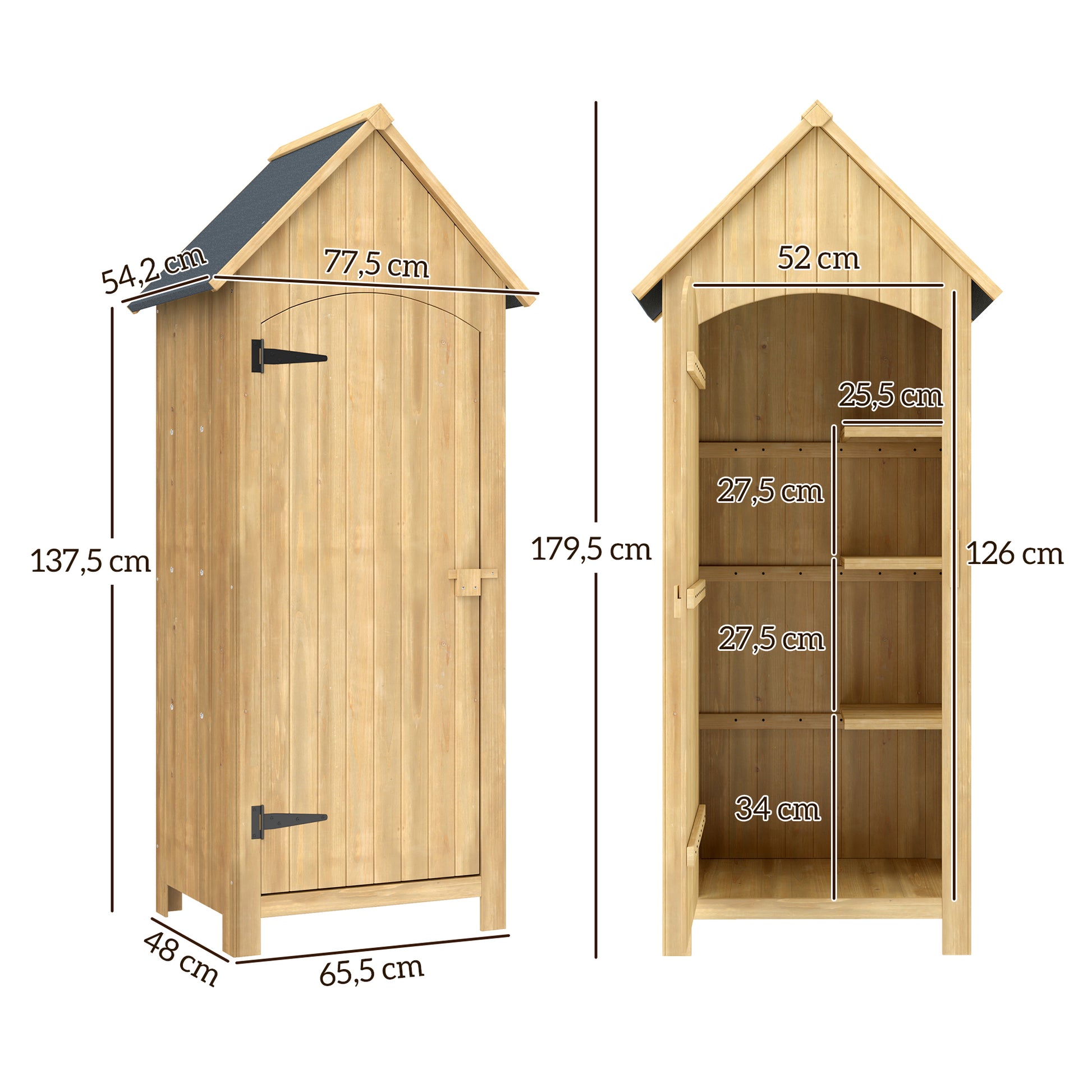 Outsunny Caseta Jardín Exterior de Madera 77,5x54,2x179,5 cm 0,3 m² Cobertizo Jardín Exterior Armario para Almacenaje de Herramientas con 3 Estantes y 2 Puertas con Cerrojo para Patio Terraza Natural