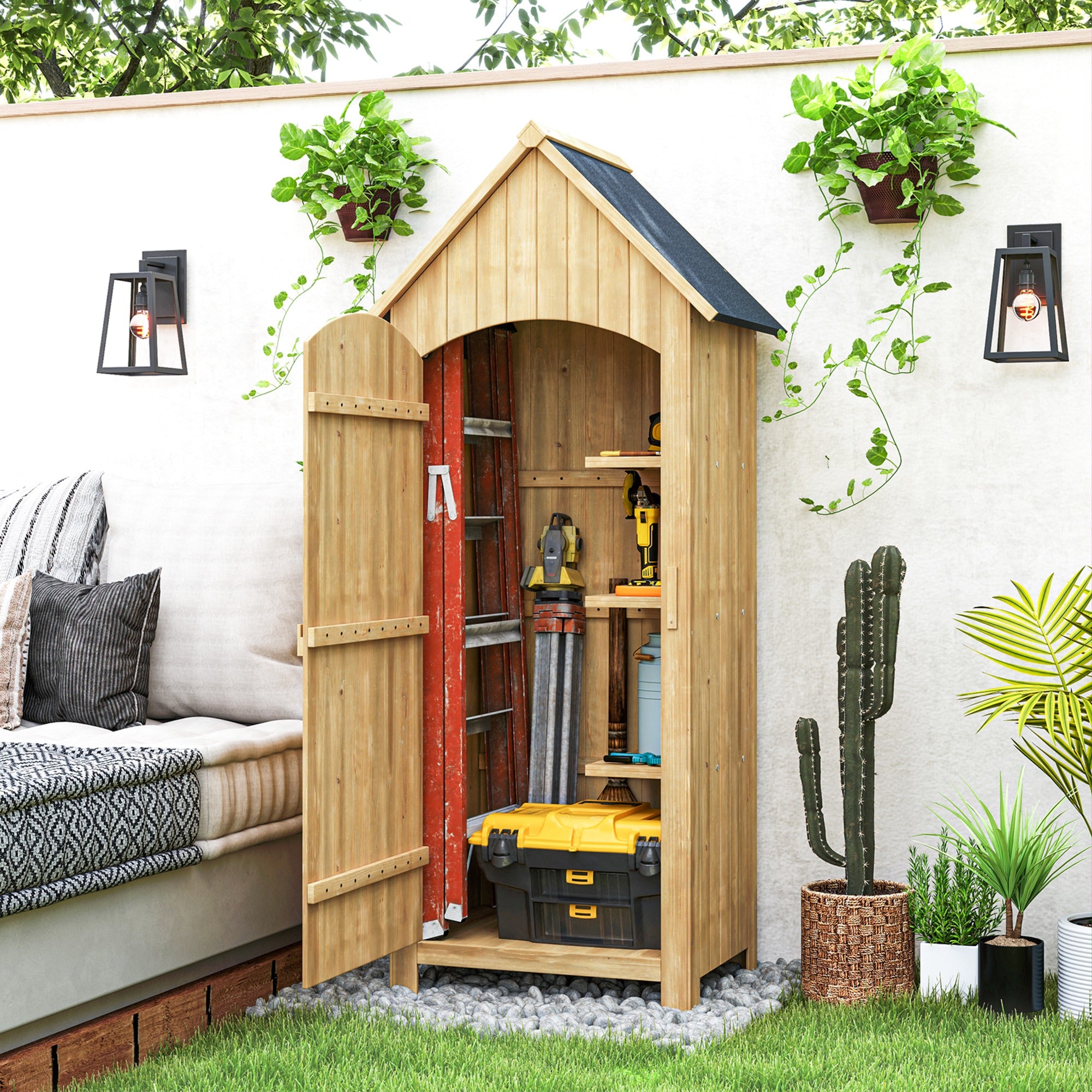 Outsunny Caseta Jardín Exterior de Madera 77,5x54,2x179,5 cm 0,3 m² Cobertizo Jardín Exterior Armario para Almacenaje de Herramientas con 3 Estantes y 2 Puertas con Cerrojo para Patio Terraza Natural