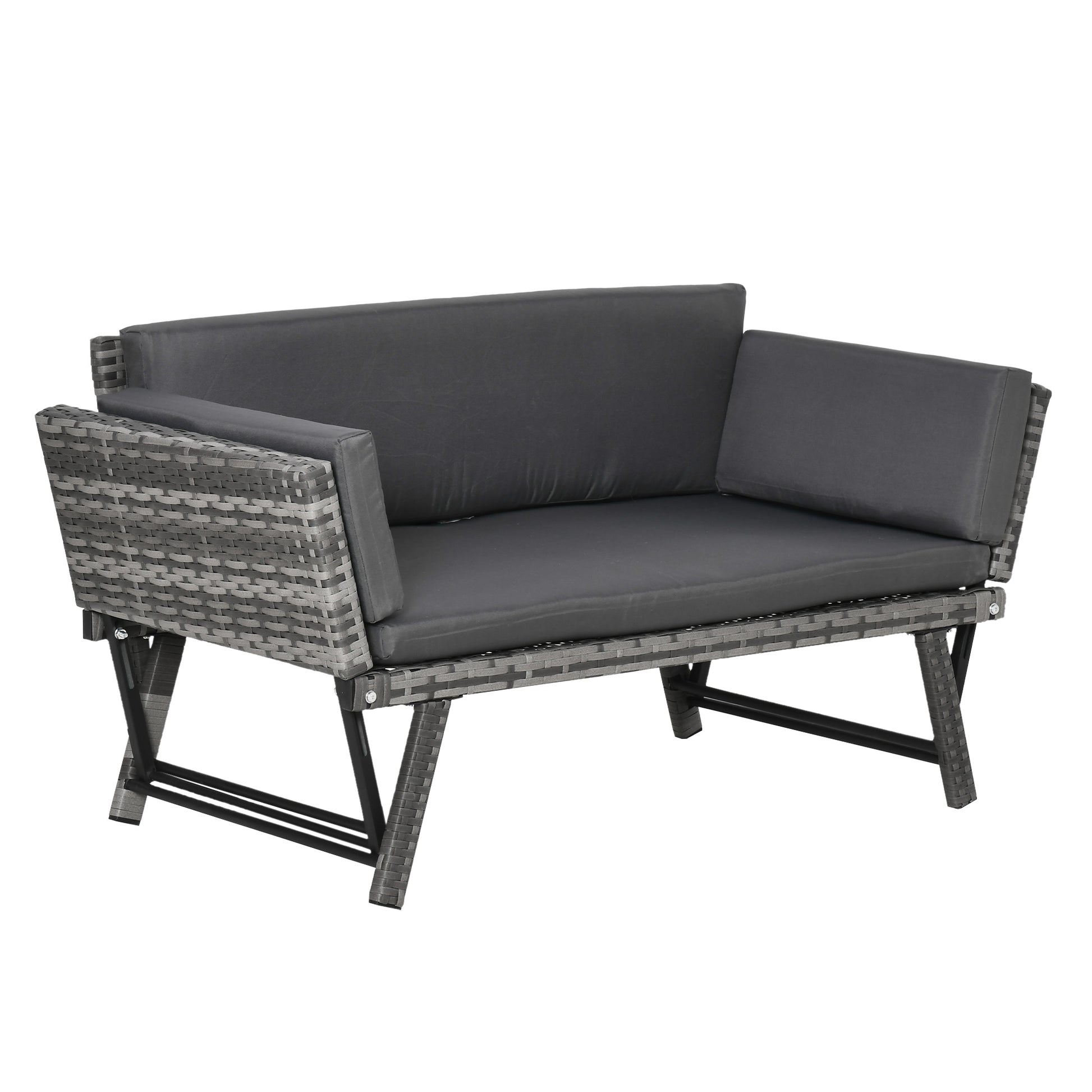 Outsunny Sofá de Ratán de 2 Plazas Convertible en Cama Individual con Reposabrazos Abatibles y Cojines Acolchados Jardín Patio Terraza 129x63x67 cm Gris