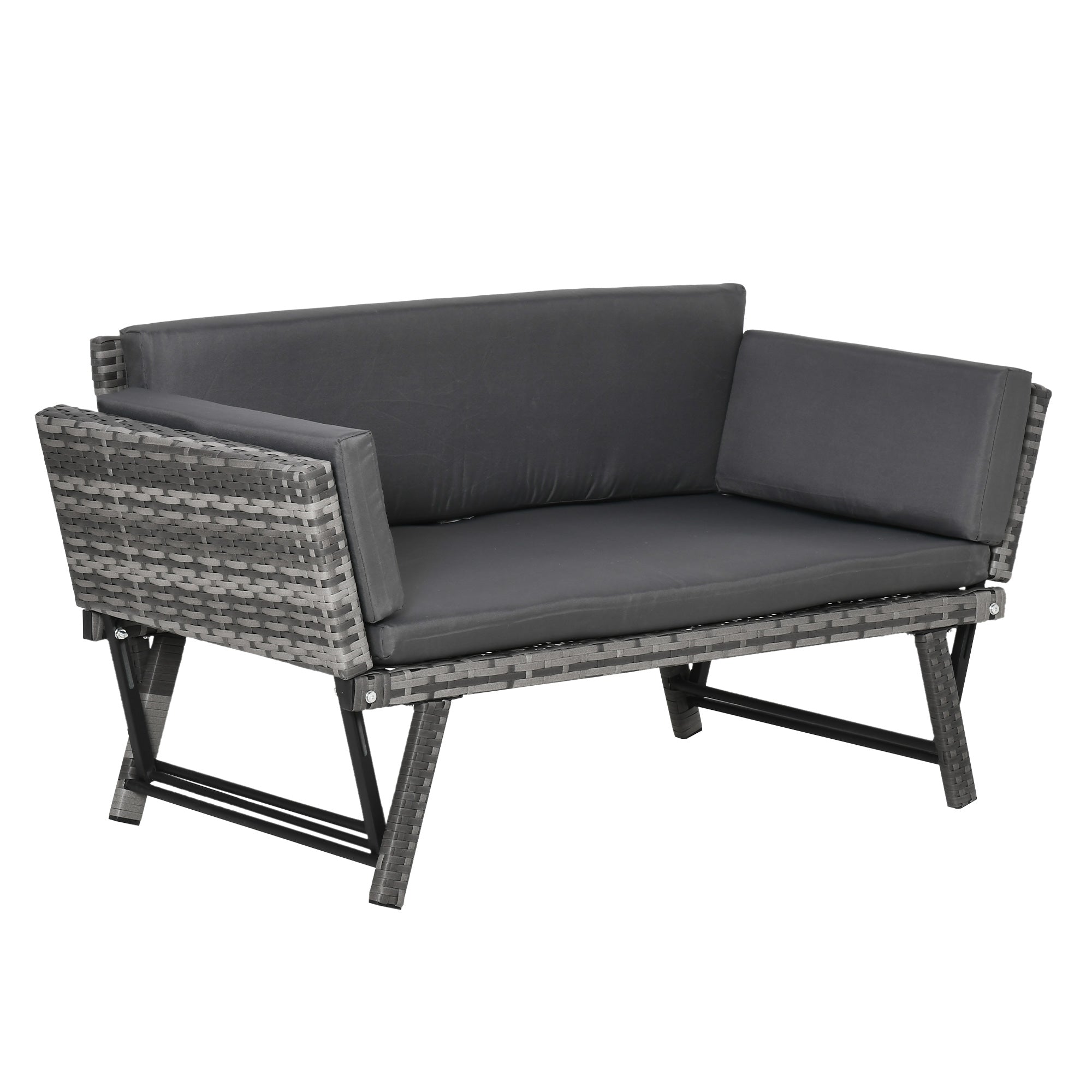 Outsunny Sofá de Ratán de 2 Plazas Convertible en Cama Individual con Reposabrazos Abatibles y Cojines Acolchados Jardín Patio Terraza 129x63x67 cm Gris