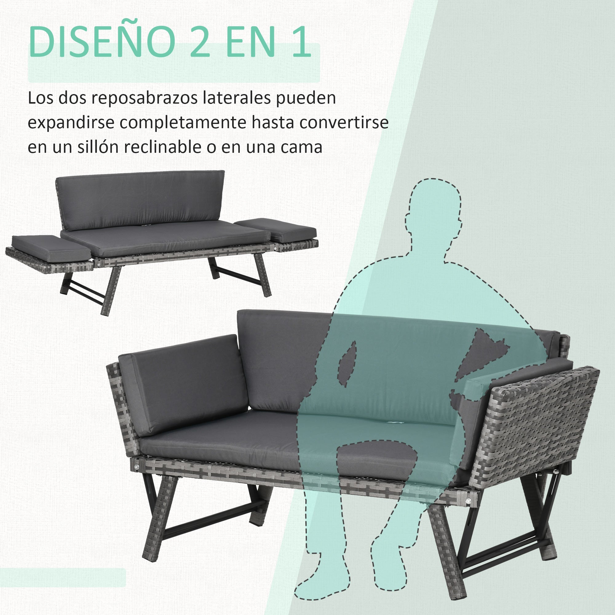 Outsunny Sofá de Ratán de 2 Plazas Convertible en Cama Individual con Reposabrazos Abatibles y Cojines Acolchados Jardín Patio Terraza 129x63x67 cm Gris