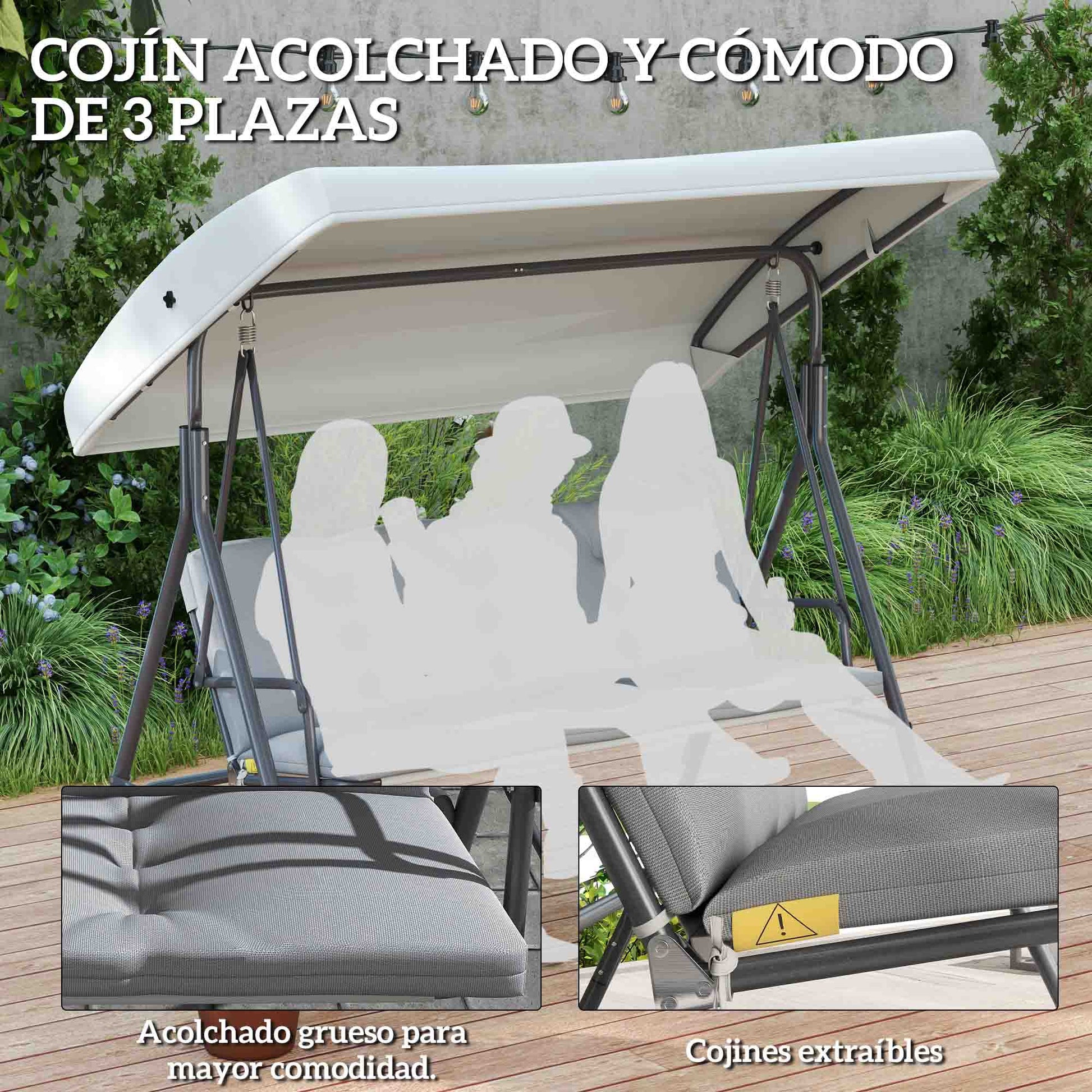 Outsunny Columpio de Jardín Exterior de 3 Plazas, Balancín de Jardín Exterior con Techo Ajustable y Marco de Acero, para Balcón, Terraza, Patio, Carga 210 kg, 172x110x156 cm, Gris Claro
