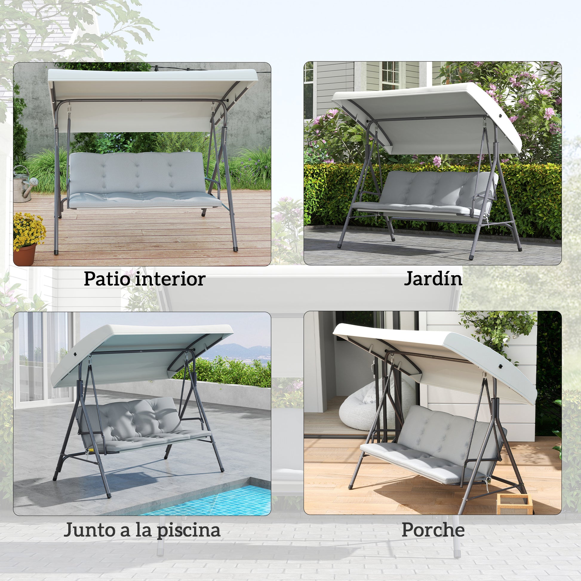 Outsunny Columpio de Jardín Exterior de 3 Plazas, Balancín de Jardín Exterior con Techo Ajustable y Marco de Acero, para Balcón, Terraza, Patio, Carga 210 kg, 172x110x156 cm, Gris Claro