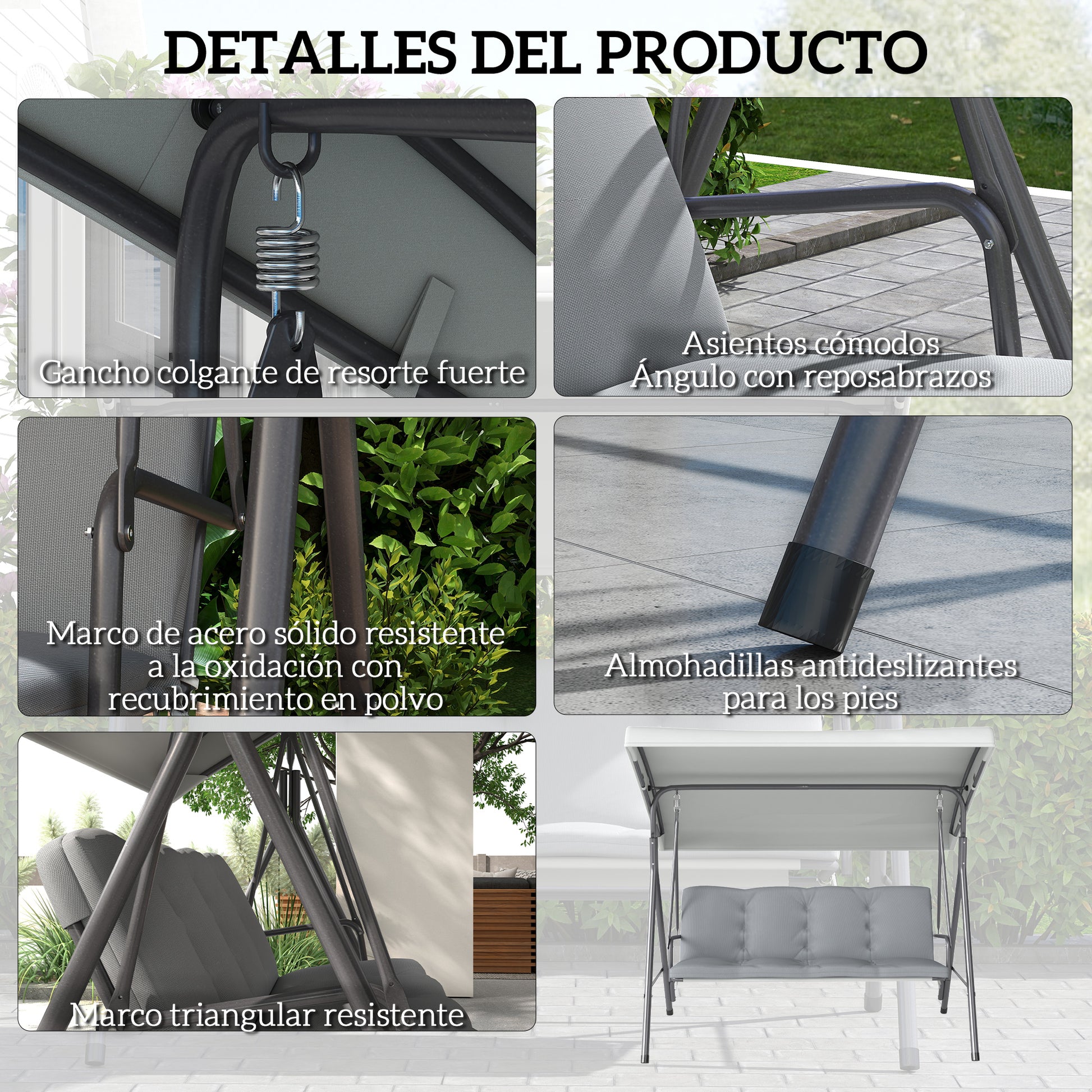 Outsunny Columpio de Jardín Exterior de 3 Plazas, Balancín de Jardín Exterior con Techo Ajustable y Marco de Acero, para Balcón, Terraza, Patio, Carga 210 kg, 172x110x156 cm, Gris Claro