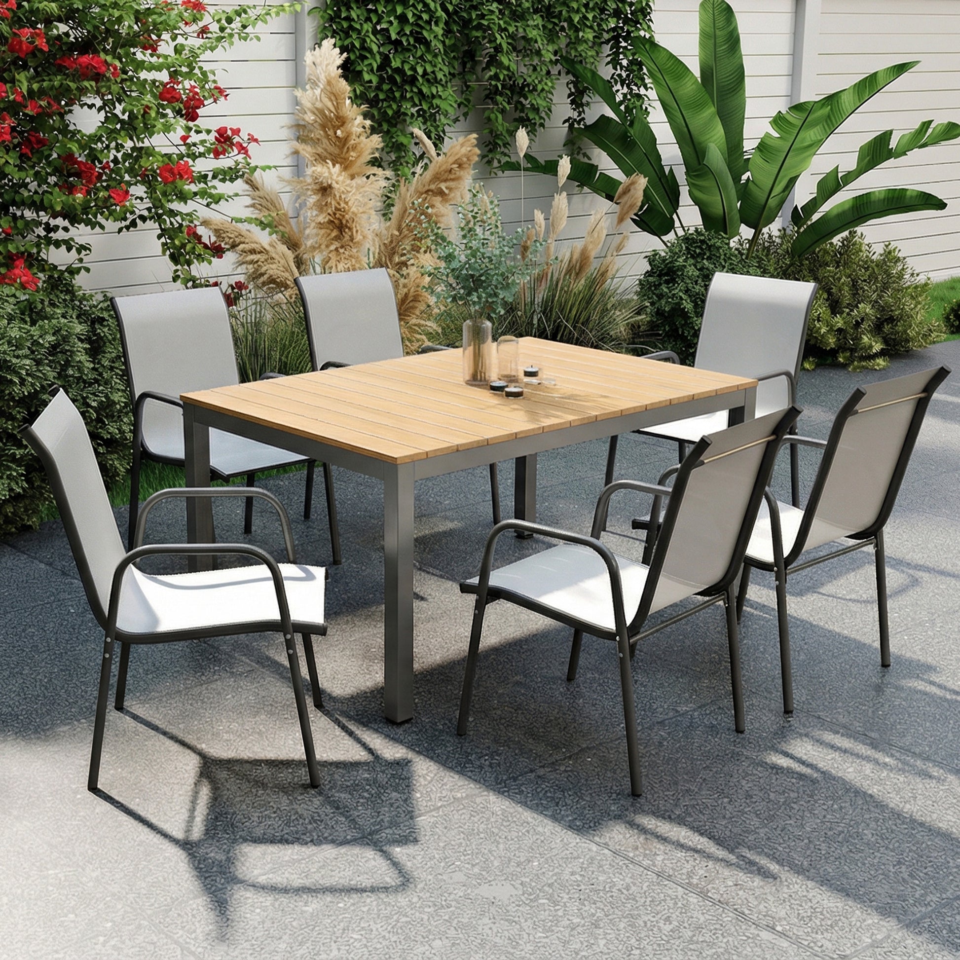 Outsunny Juego de 6 Sillas de Jardín Exterior Apilables, Sillas Terraza Exterior con Reposabrazos, Asiento y Respaldo de Malla Transpirable, Estructura Metálica Resistente, 51x69x87 cm, Gris Claro