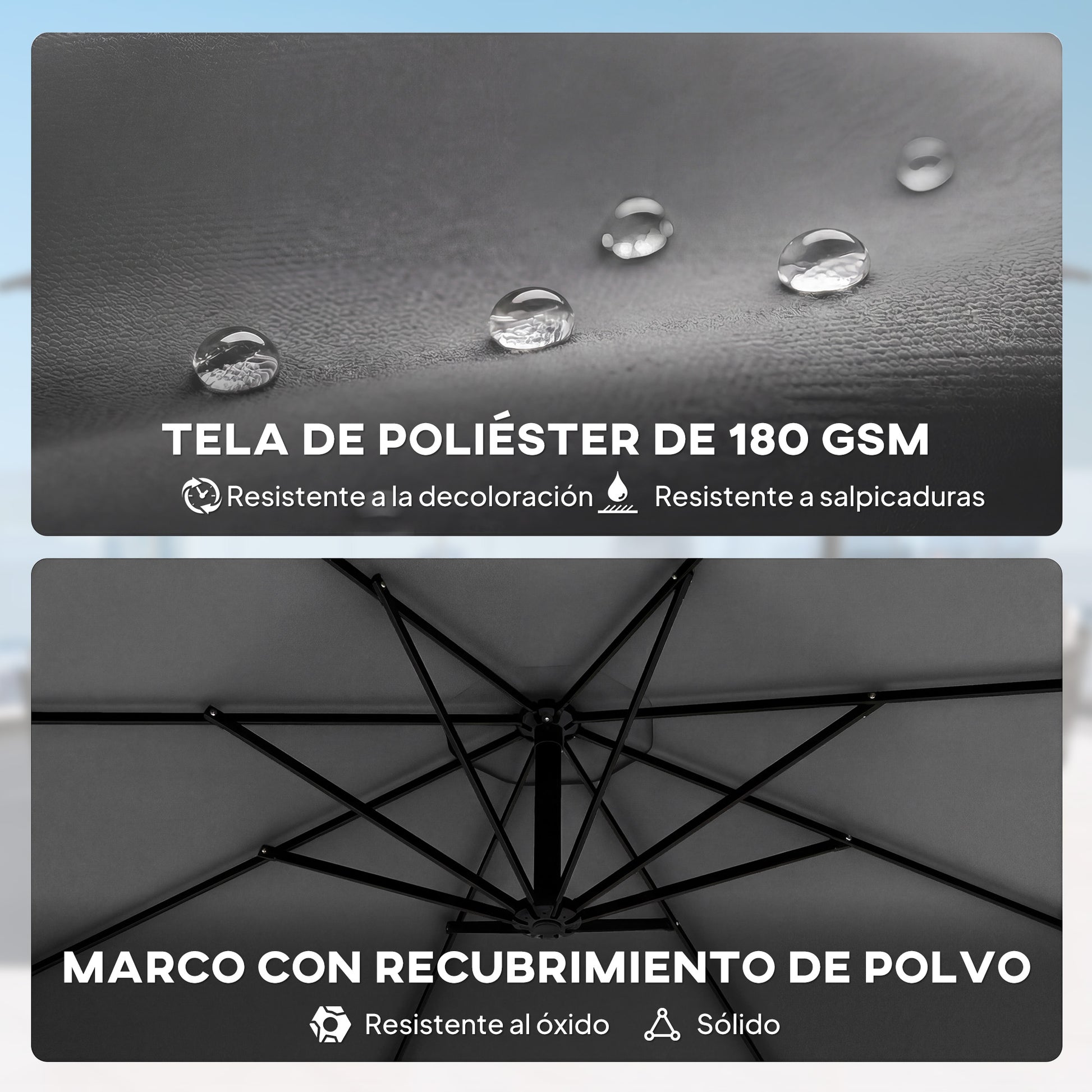 Outsunny Parasol Excéntrico, Ø300 cm, Sombrilla de Jardín con Base Cruzada, Manivela, Funda Protectora y Cuerdas de Viento, UPF30+, para Terraza, Patio, Gris Oscuro