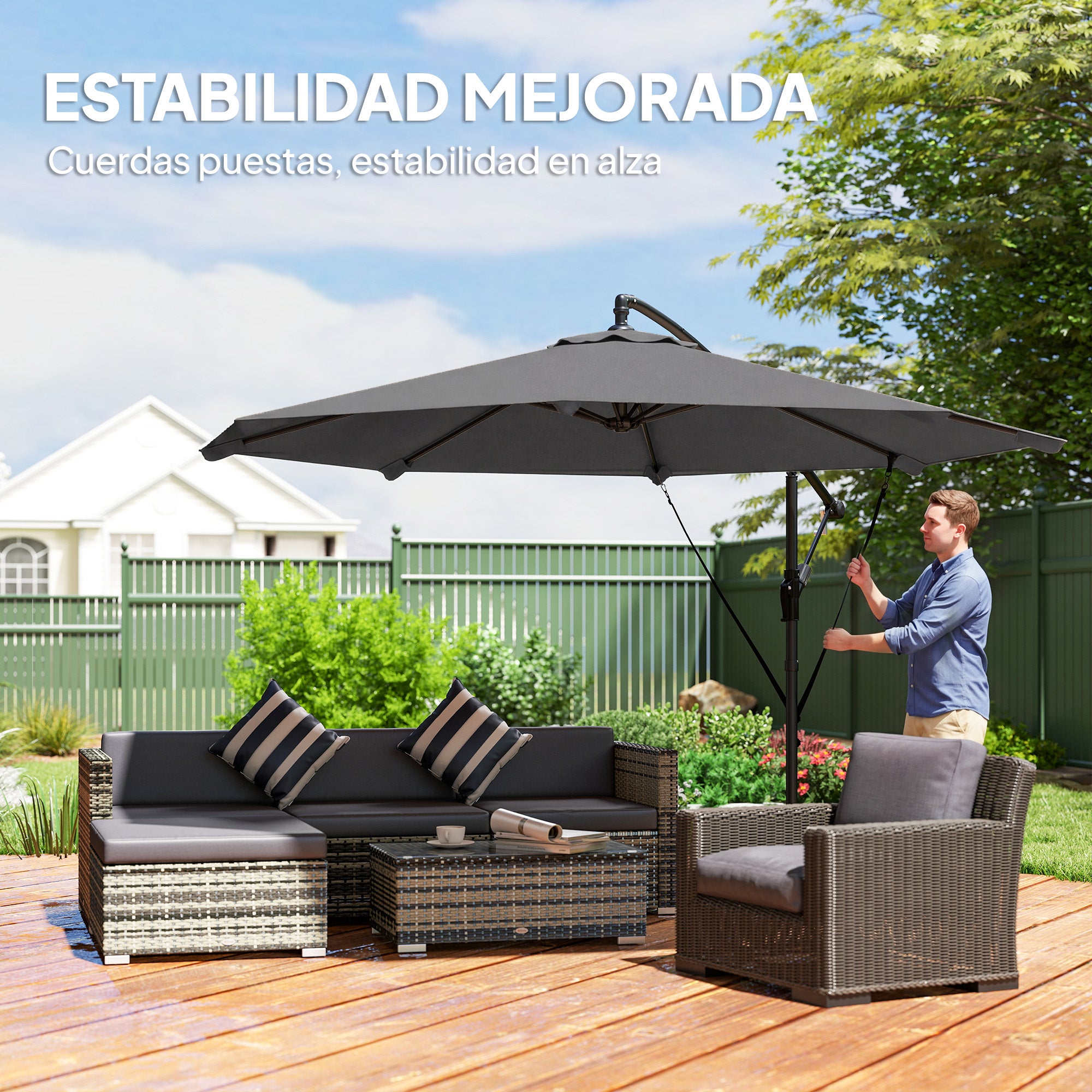 Outsunny Parasol Excéntrico, Ø300 cm, Sombrilla de Jardín con Base Cruzada, Manivela, Funda Protectora y Cuerdas de Viento, UPF30+, para Terraza, Patio, Gris Oscuro