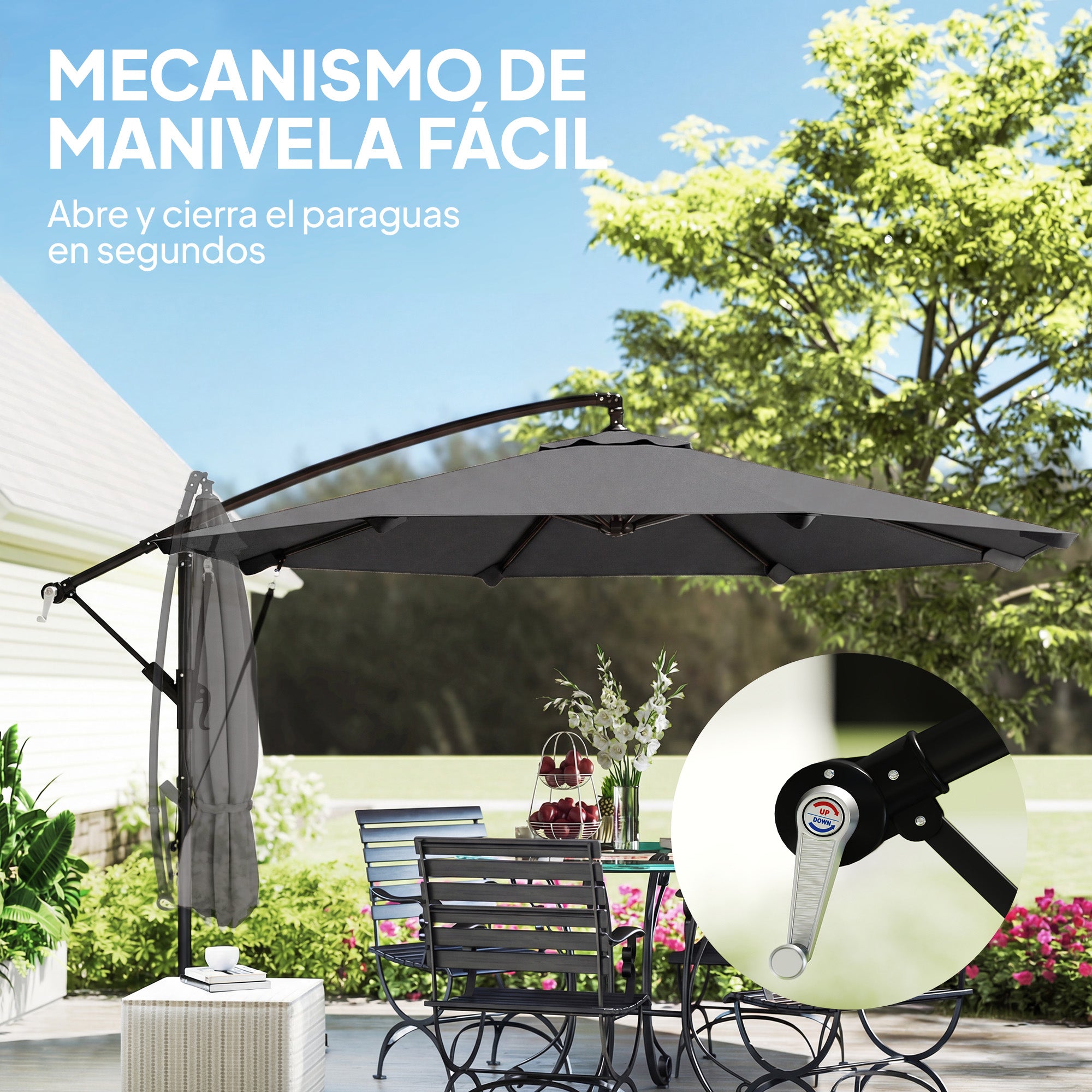 Outsunny Parasol Excéntrico, Ø300 cm, Sombrilla de Jardín con Base Cruzada, Manivela, Funda Protectora y Cuerdas de Viento, UPF30+, para Terraza, Patio, Gris Oscuro