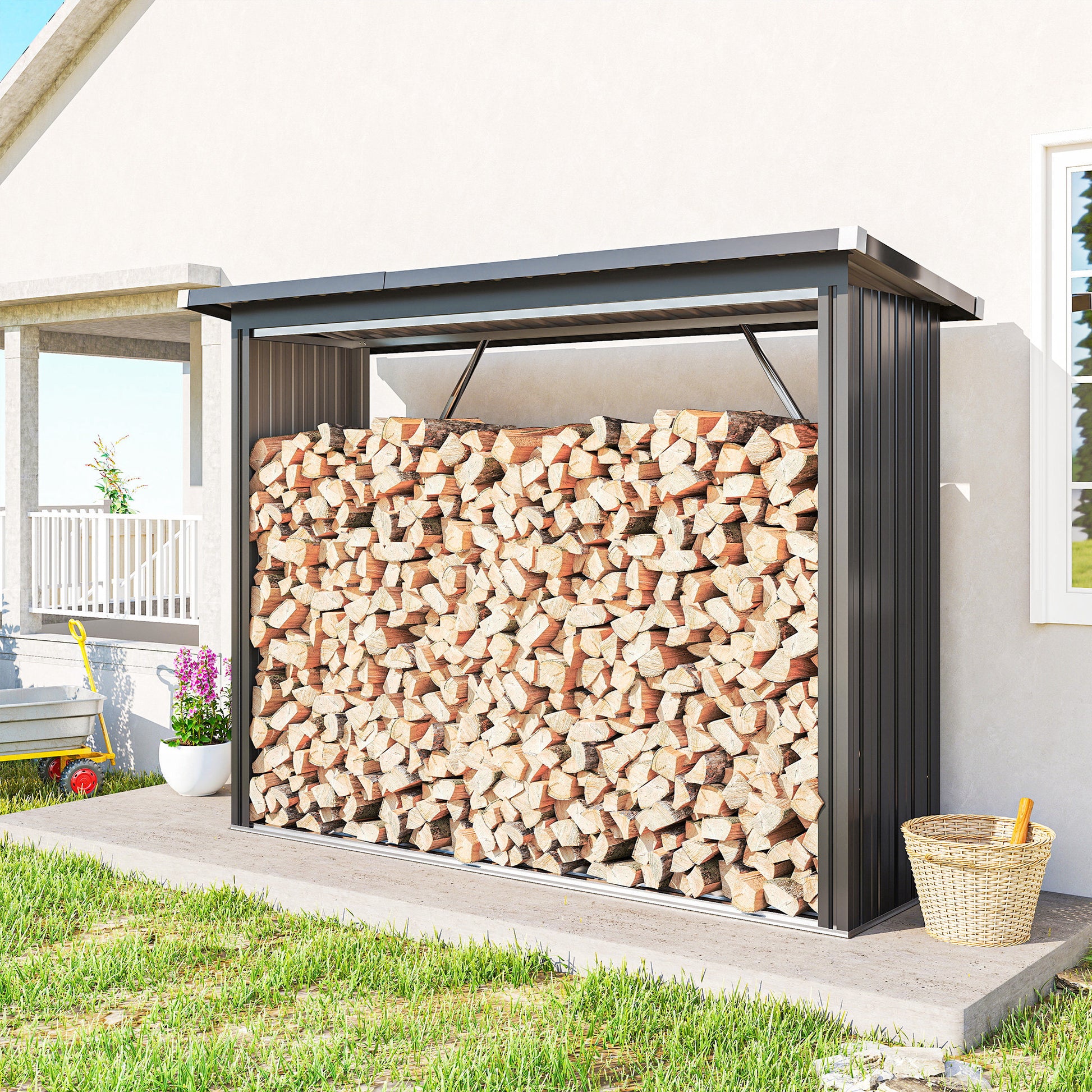 Outsunny Casetilla para Leña de Acero Galvanizado, Cobertizo Leñero Exterior de Almacenamiento de Troncos, con Base Elevada y Techo Inclinado, 213x66,5x150 cm, Gris Oscuro