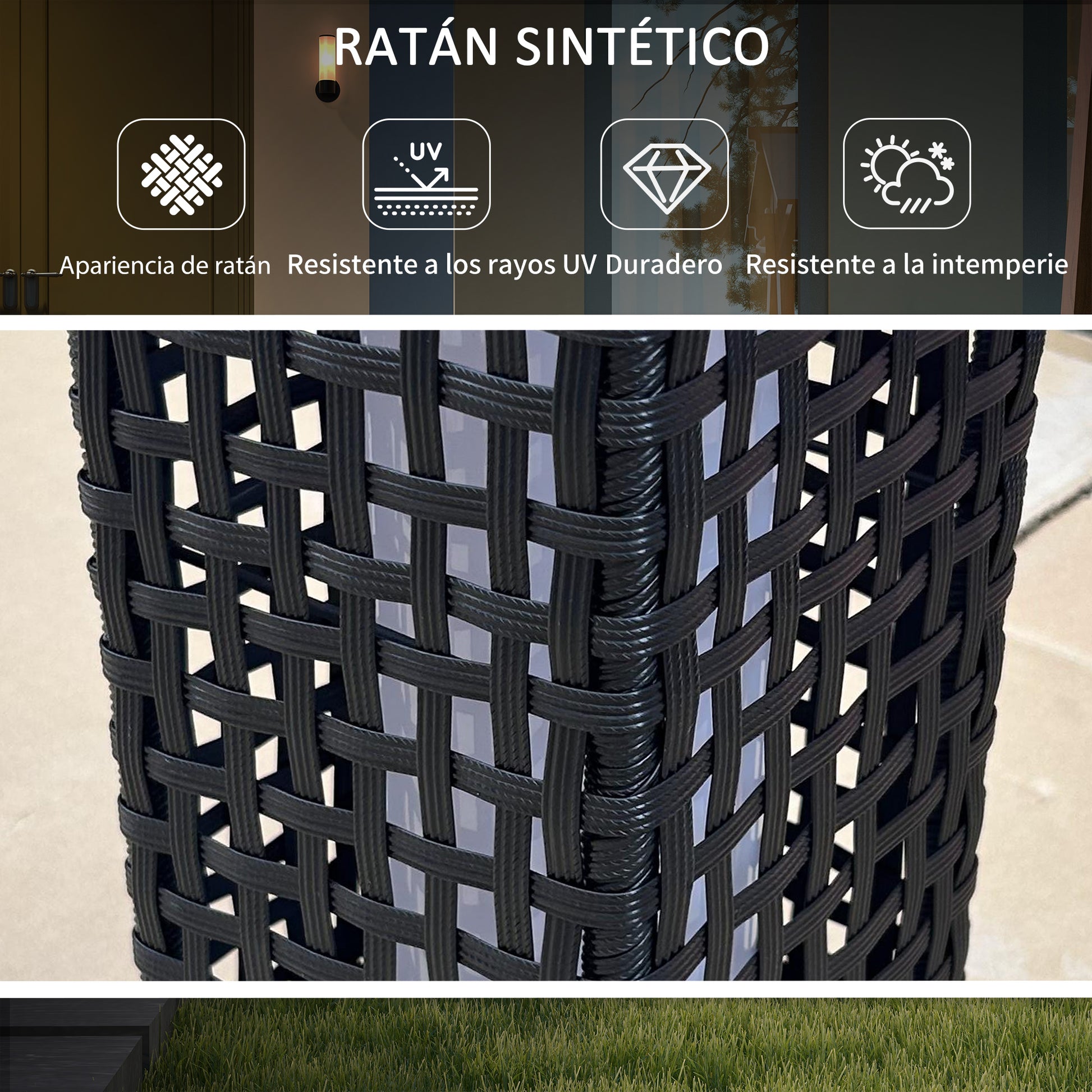 Outsunny Linterna de Jardín de Ratán Sintético Farola Solar con Luces LED Encendido y Apagado Automático para Terraza Balcón Patio 15,5x15,5x46 cm Negro
