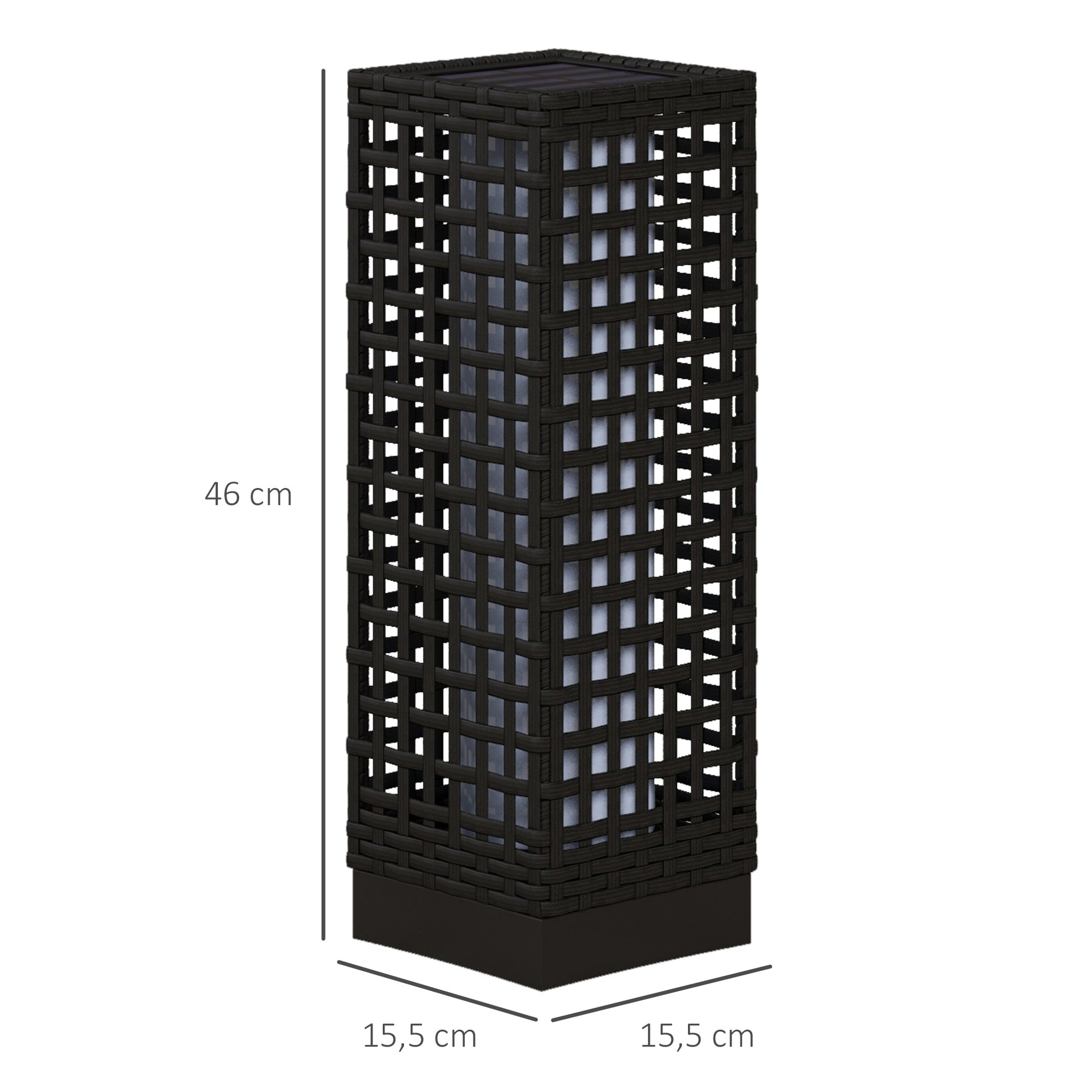 Outsunny Linterna de Jardín de Ratán Sintético Farola Solar con Luces LED Encendido y Apagado Automático para Terraza Balcón Patio 15,5x15,5x46 cm Negro