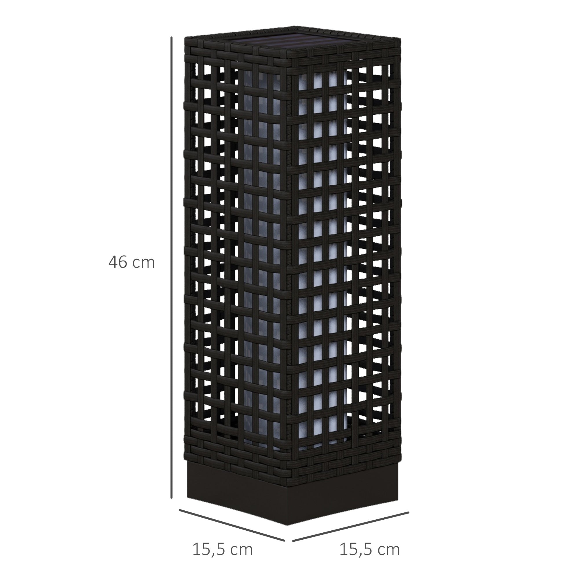 Outsunny Linterna de Jardín de Ratán Sintético Farola Solar con Luces LED Encendido y Apagado Automático para Terraza Balcón Patio 15,5x15,5x46 cm Negro