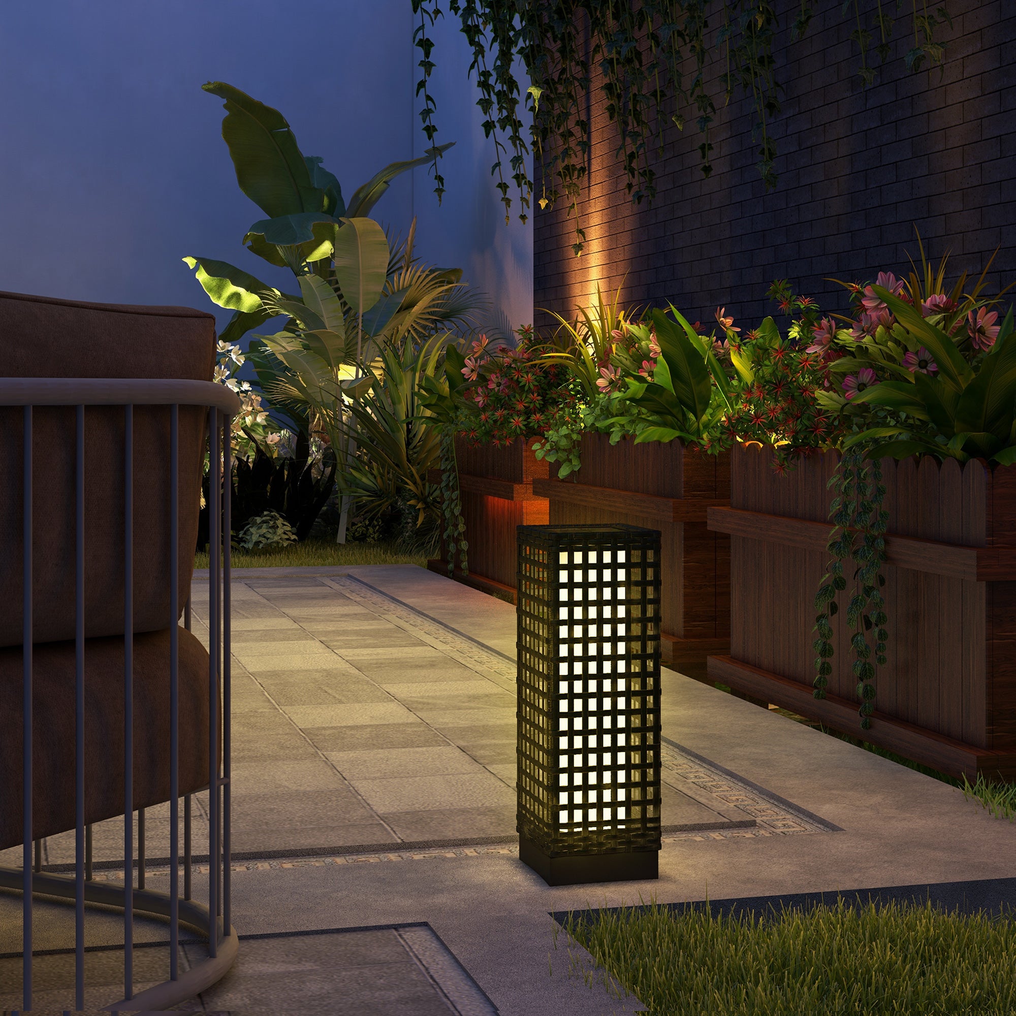 Outsunny Linterna de Jardín de Ratán Sintético Farola Solar con Luces LED Encendido y Apagado Automático para Terraza Balcón Patio 15,5x15,5x46 cm Negro