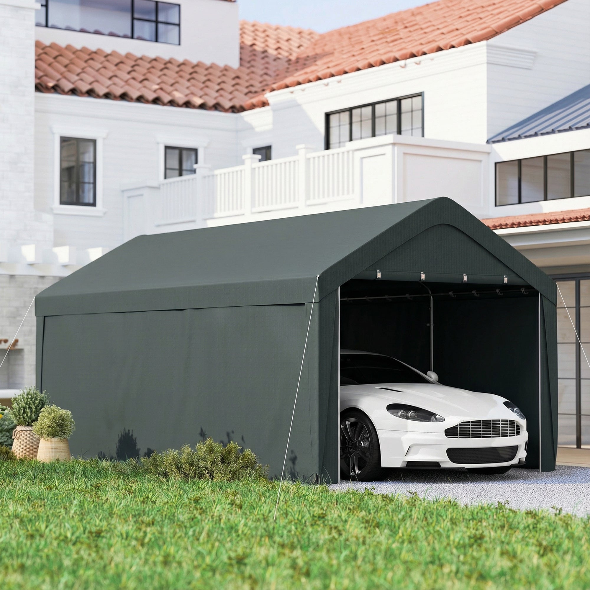 Outsunny Carpa Garaje Portátil 3x6 m, Garaje Exterior para Coche Impermeable con Paredes Laterales Desmontables, Anti-UV, 2 Puertas Enrollables, Cobertizo para Herramientas de Jardín, Gris Oscuro