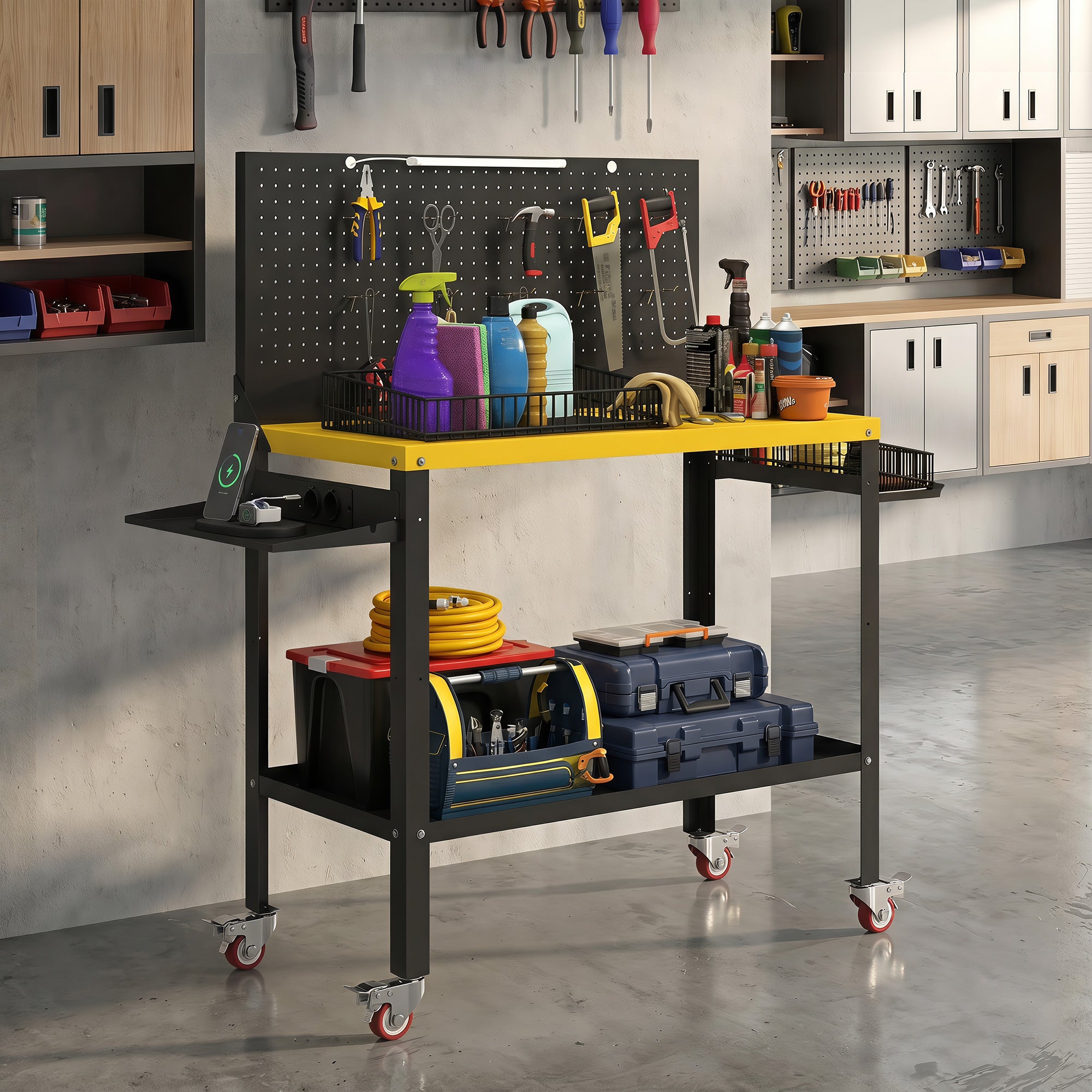 HOMCOM Banco de Trabajo con Panel Perforado y Ruedas, Mesa de Trabajo con Enchufes, USB, Luz LED y Estructura Metálica, Carga 300 kg, Banco para Garaje o Taller, 128x49,5x127,5 cm, Negro y Amarillo