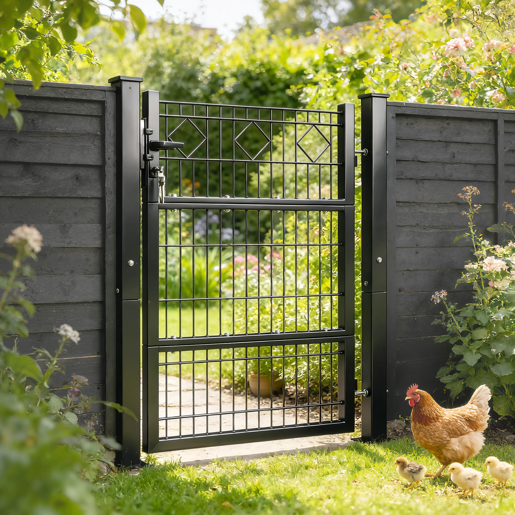 Outsunny Puerta de Jardín 100x131 cm, Puerta para Valla de Barra de Metal Galvanizado con Manilla, Cerradura, 3 Llaves y 2 Postes, para Entrada de Exterior, Terraza, Patio, Gris Oscuro