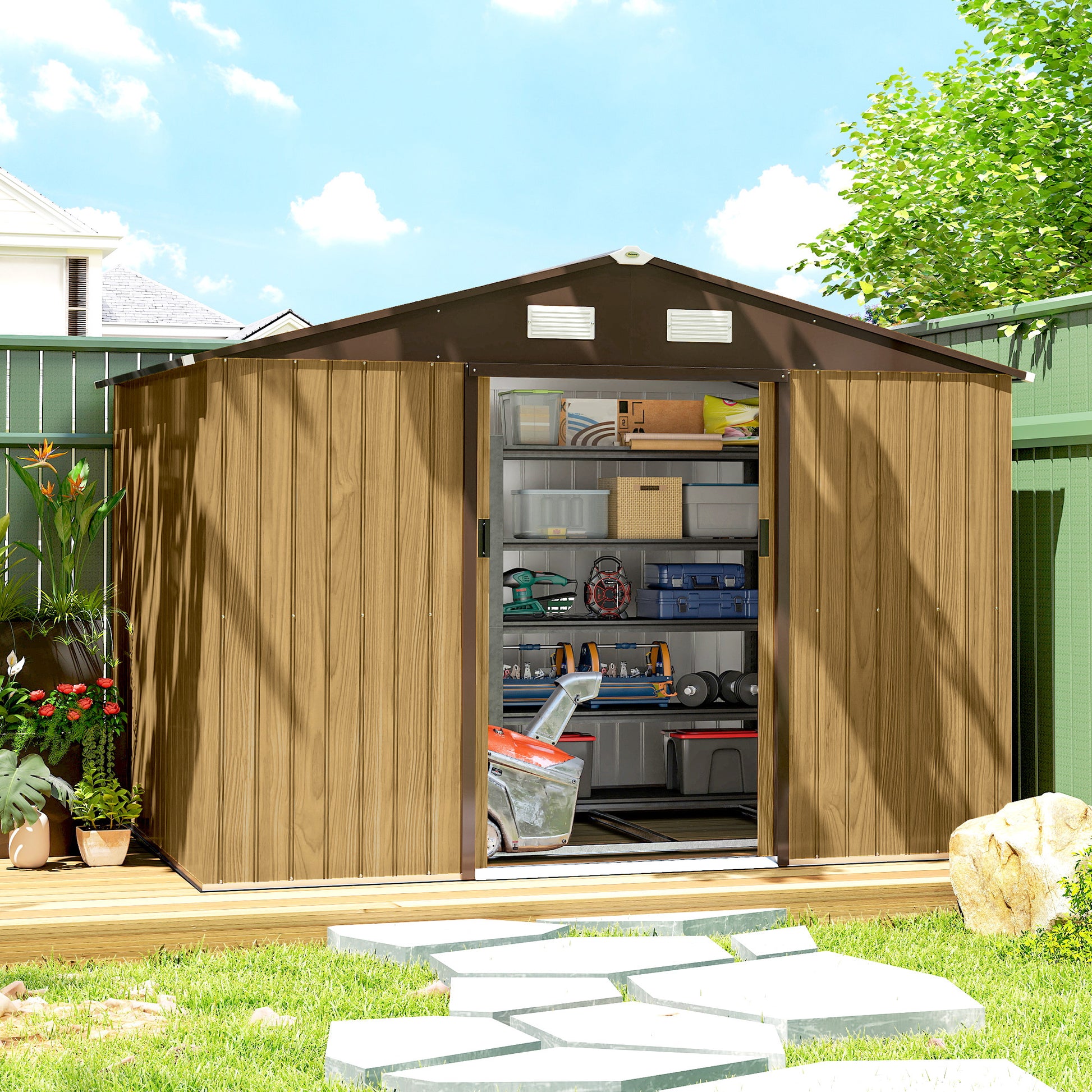 Outsunny Caseta de Jardín Exterior 4,9 m², 277x195x192 cm, Cobertizo de Jardín Exterior Metálico con Puerta Corredera, Ventilación y Kit de Fundación, para Almacenamiento de Herramientas, Marrón Claro