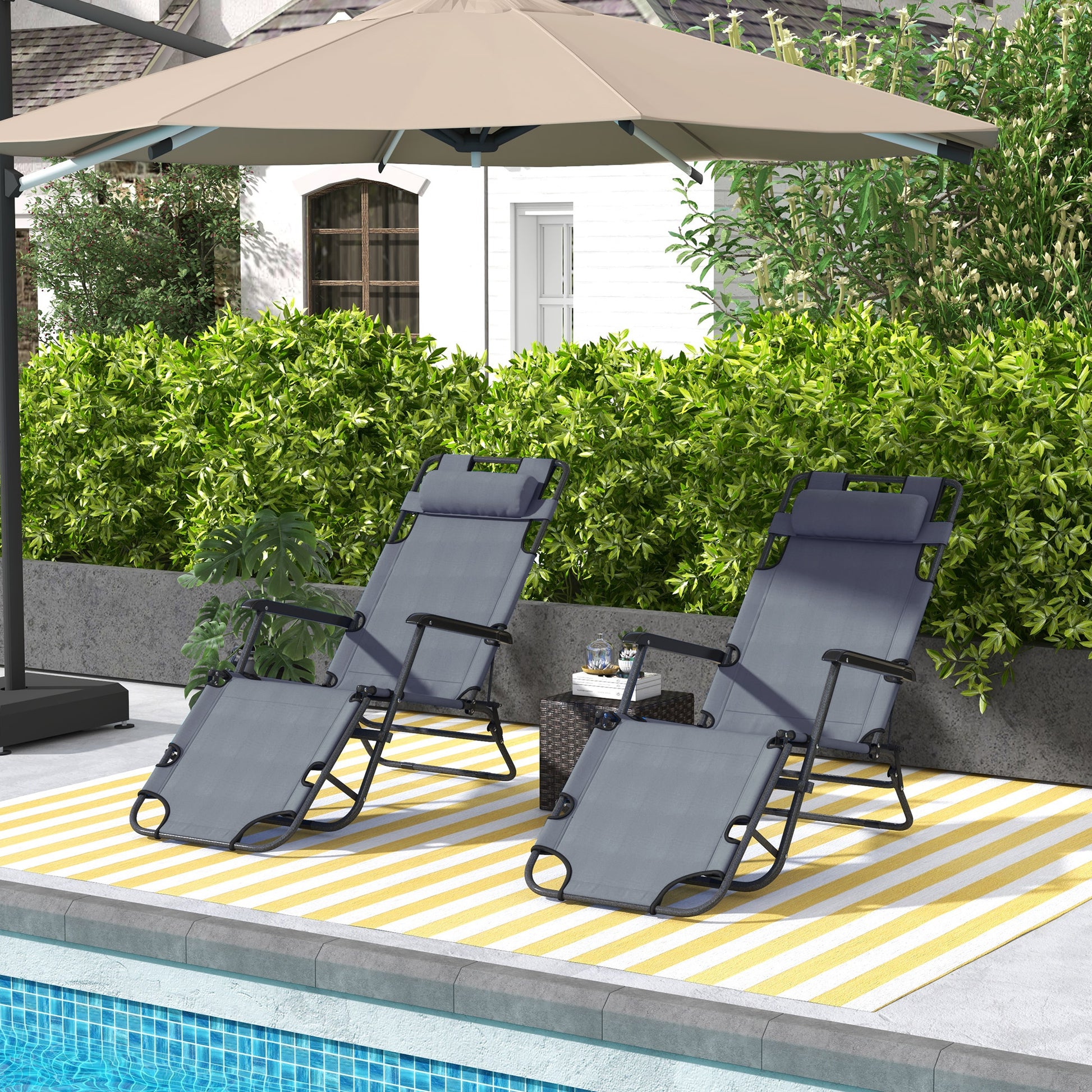Outsunny Conjunto de 2 Tumbonas Reclinables y Plegables Tumbonas de Jardín con Respaldo Ajustable Reposacabezas y Bolsillo Carga 136 kg 118x60x80 cm Gris