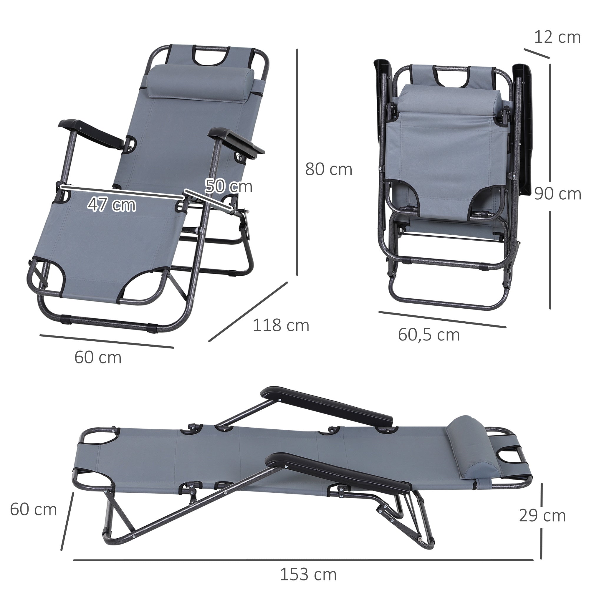 Outsunny Conjunto de 2 Tumbonas Reclinables y Plegables Tumbonas de Jardín con Respaldo Ajustable Reposacabezas y Bolsillo Carga 136 kg 118x60x80 cm Gris