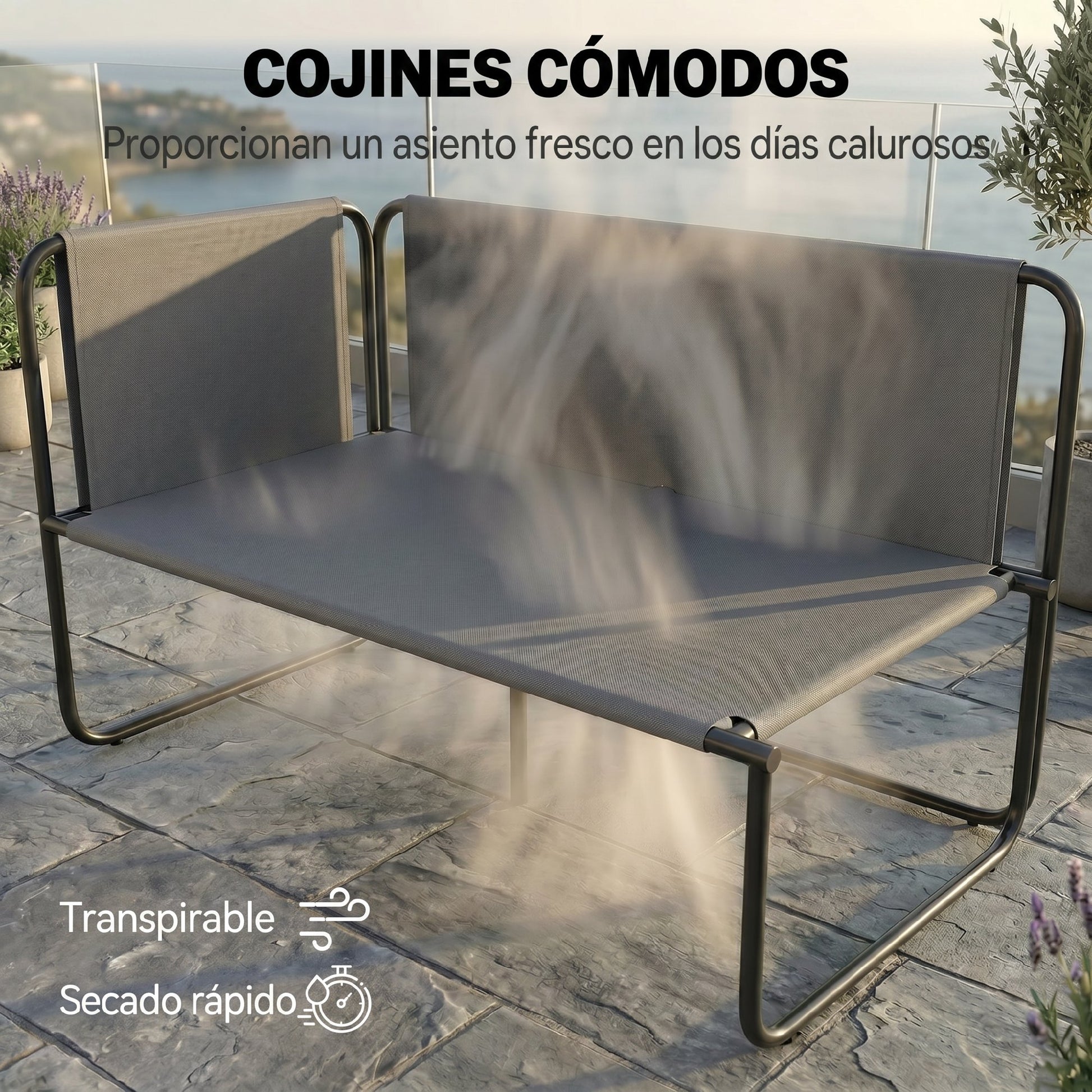 Outsunny Conjunto Jardín Exterior de 4 Piezas, Muebles Jardín Exterior con 2 Sofás 2 Plazas, 2 Mesas de Vidrio, Cojines, Fundas Extraíbles, Bolsillos, Tela Textilene Transpirable, Marco Acero, Caqui
