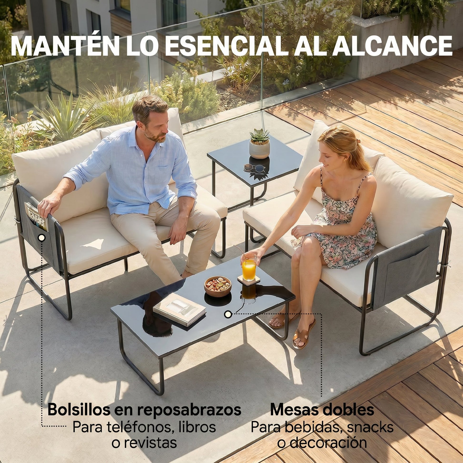 Outsunny Conjunto Jardín Exterior de 4 Piezas, Muebles Jardín Exterior con 2 Sofás 2 Plazas, 2 Mesas de Vidrio, Cojines, Fundas Extraíbles, Bolsillos, Tela Textilene Transpirable, Marco Acero, Caqui