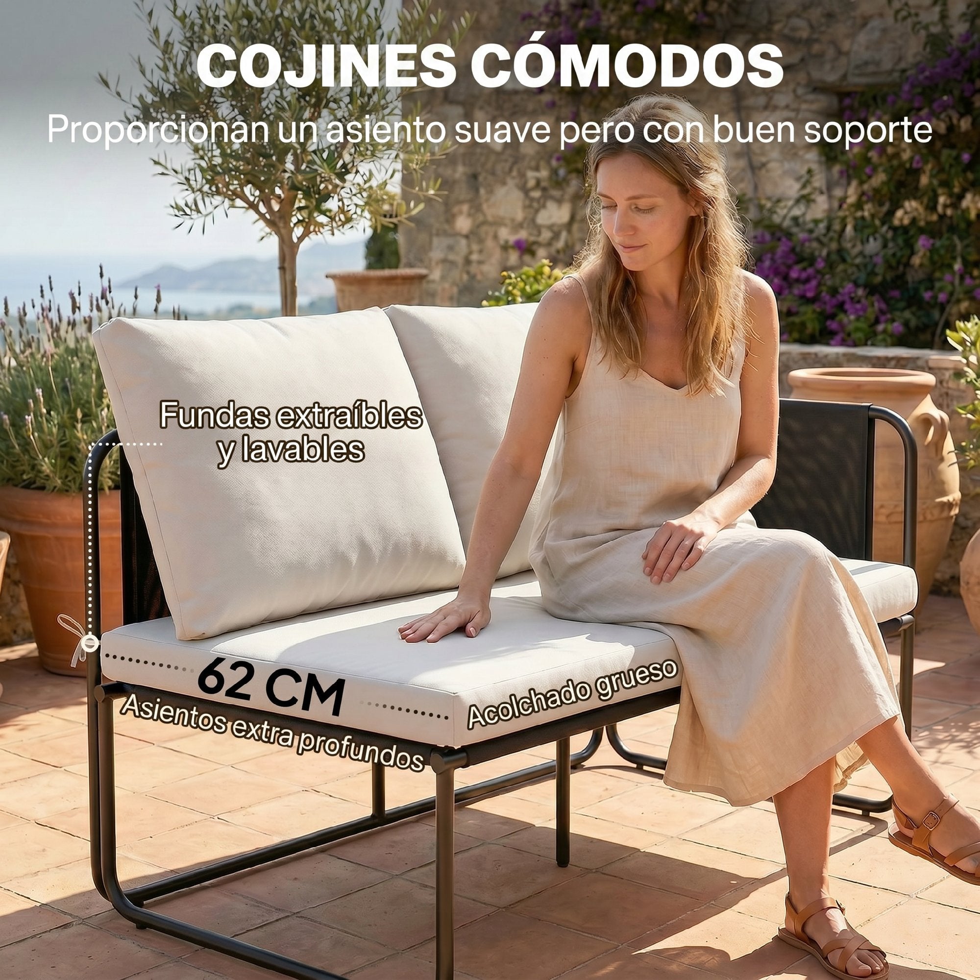 Outsunny Conjunto Jardín Exterior de 4 Piezas, Muebles Jardín Exterior con 2 Sofás 2 Plazas, 2 Mesas de Vidrio, Cojines, Fundas Extraíbles, Bolsillos, Tela Textilene Transpirable, Marco Acero, Caqui