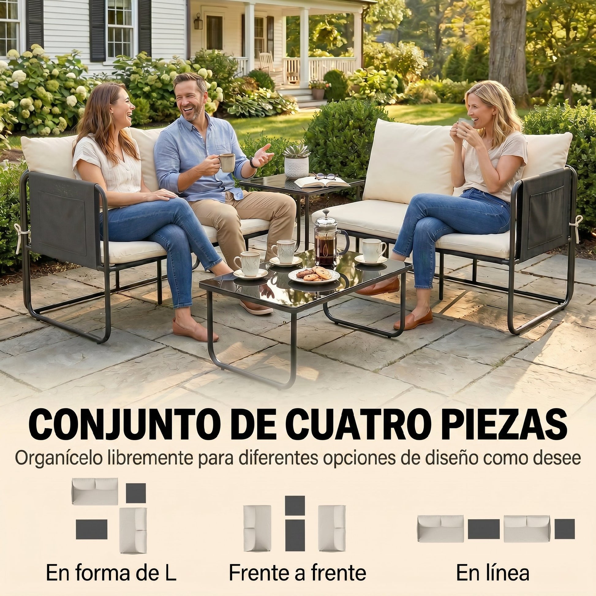 Outsunny Conjunto Jardín Exterior de 4 Piezas, Muebles Jardín Exterior con 2 Sofás 2 Plazas, 2 Mesas de Vidrio, Cojines, Fundas Extraíbles, Bolsillos, Tela Textilene Transpirable, Marco Acero, Caqui
