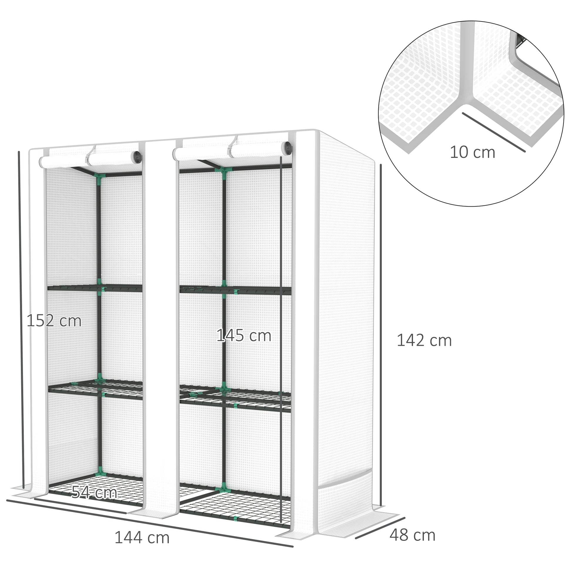 Outsunny Invernadero de Exterior con Techo Inclinado Invernadero Pequeño con 3 Estantes 2 Puertas Enrollables Cubierta de PE y Marco de Acero para Cultivos Plantas Flores 144x48x152 cm Blanco