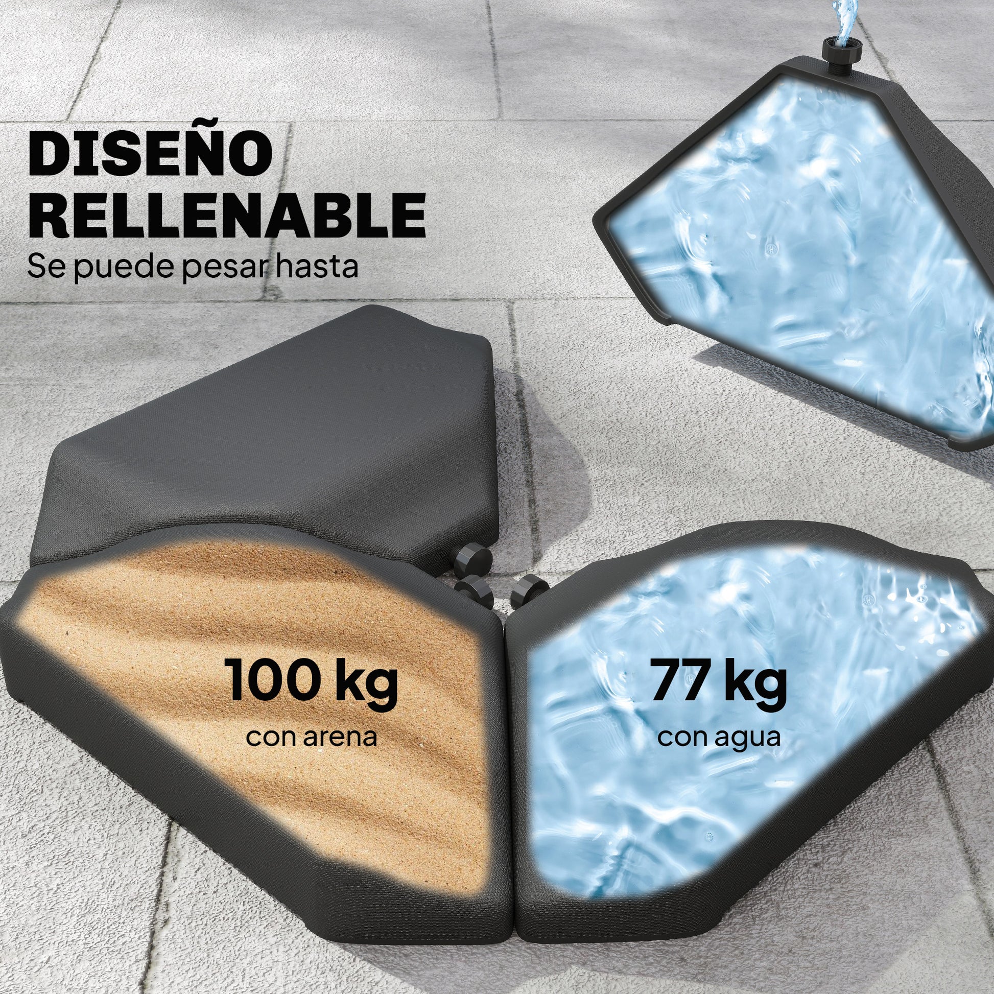 Outsunny Base para Sombrilla de 4 Piezas, para Cantilever y de Doble Cara, Soporte para Parasol de HDPE Rellenable con Agua 77 kg o Arena 100 kg, para Jardín, Patio, Terraza, Negro