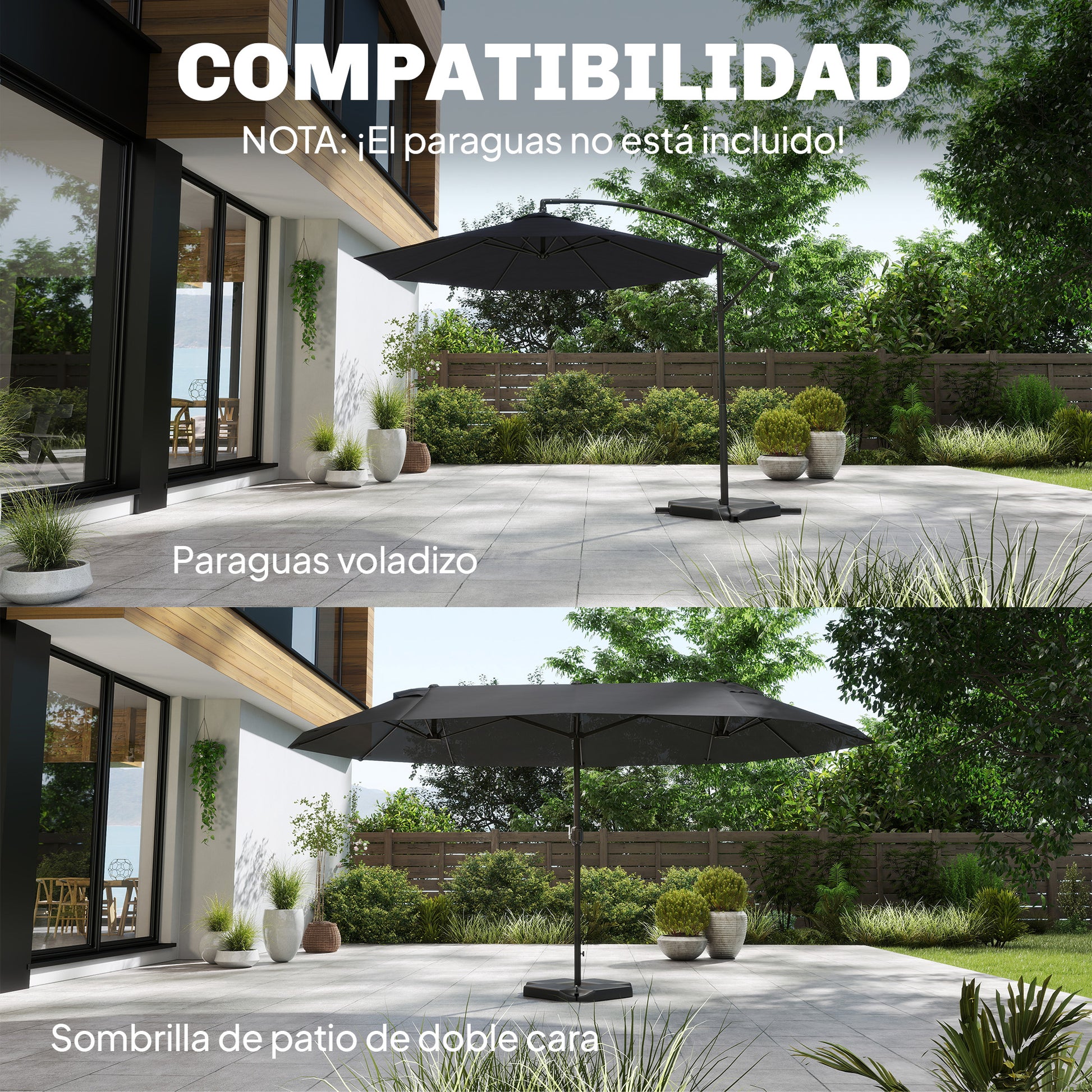 Outsunny Base para Sombrilla de 4 Piezas, para Cantilever y de Doble Cara, Soporte para Parasol de HDPE Rellenable con Agua 77 kg o Arena 100 kg, para Jardín, Patio, Terraza, Negro