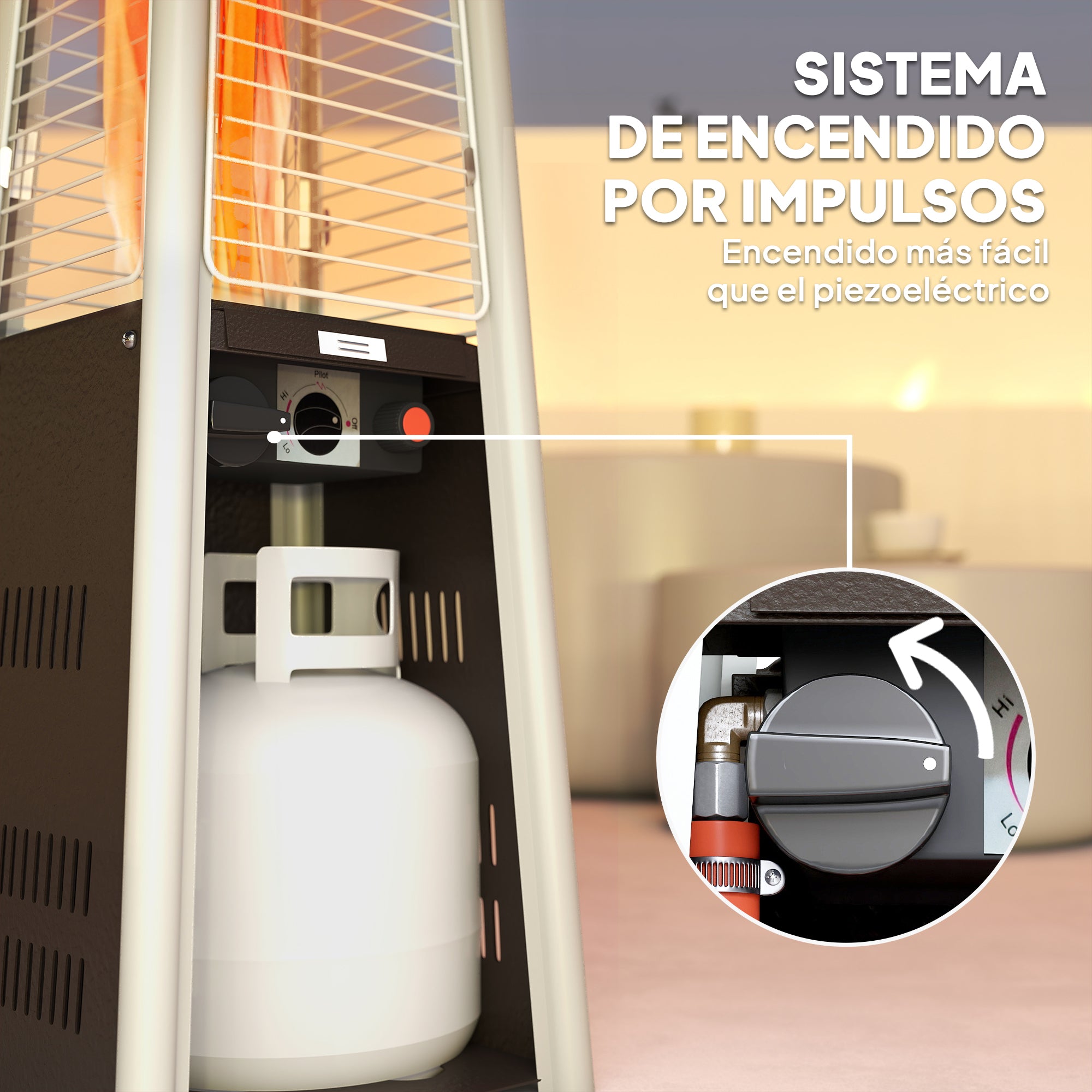 Outsunny Estufa de Gas Butano, 3000W, Calefactor de Exterior a Gas Portátil con Temperatura Ajustable, Protección contra Vuelcos, Ignición por Presión, para Butano y Propano, 3 m², Bronce