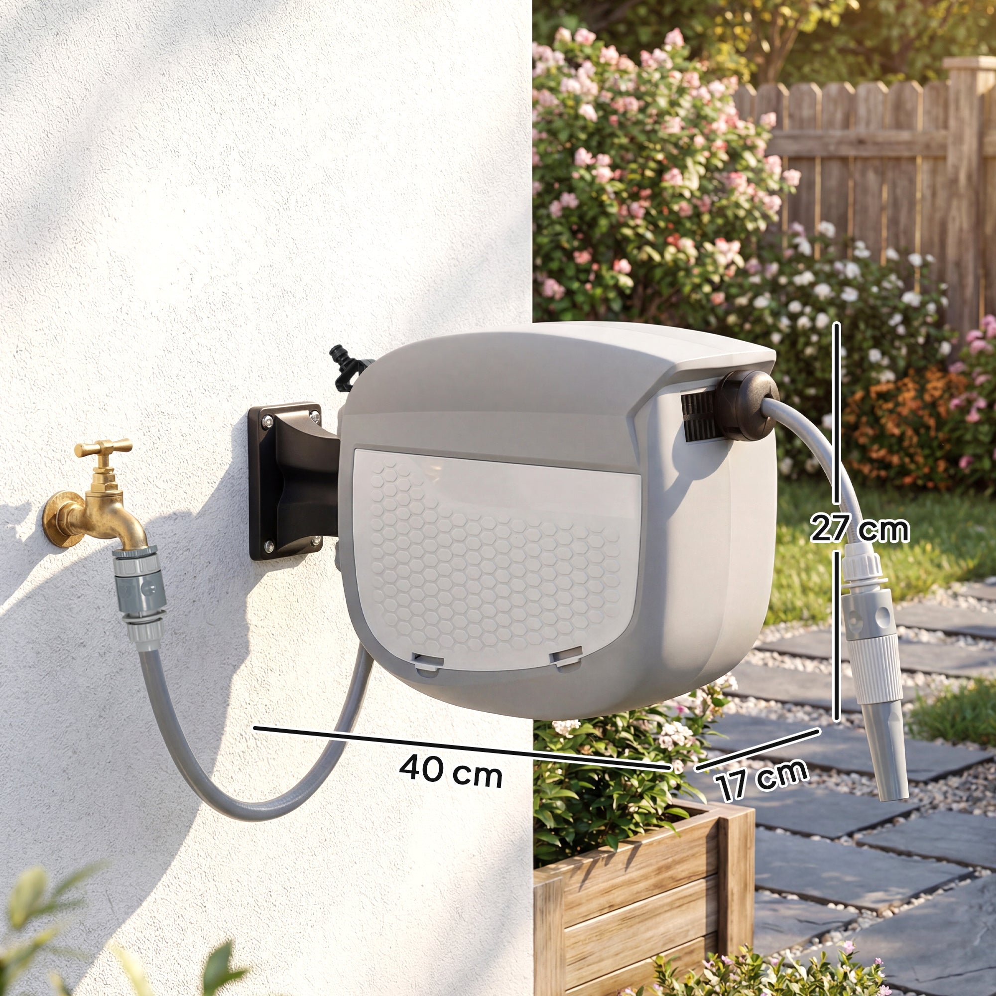 Outsunny Enrollador de Manguera para Jardín 10+1 m con Boquilla de 2 Modos, Carrete de Manguera de Jardín de Pared con Bloqueo Automático y Retracción Controlada, Soporte Orientable 180°, Gris