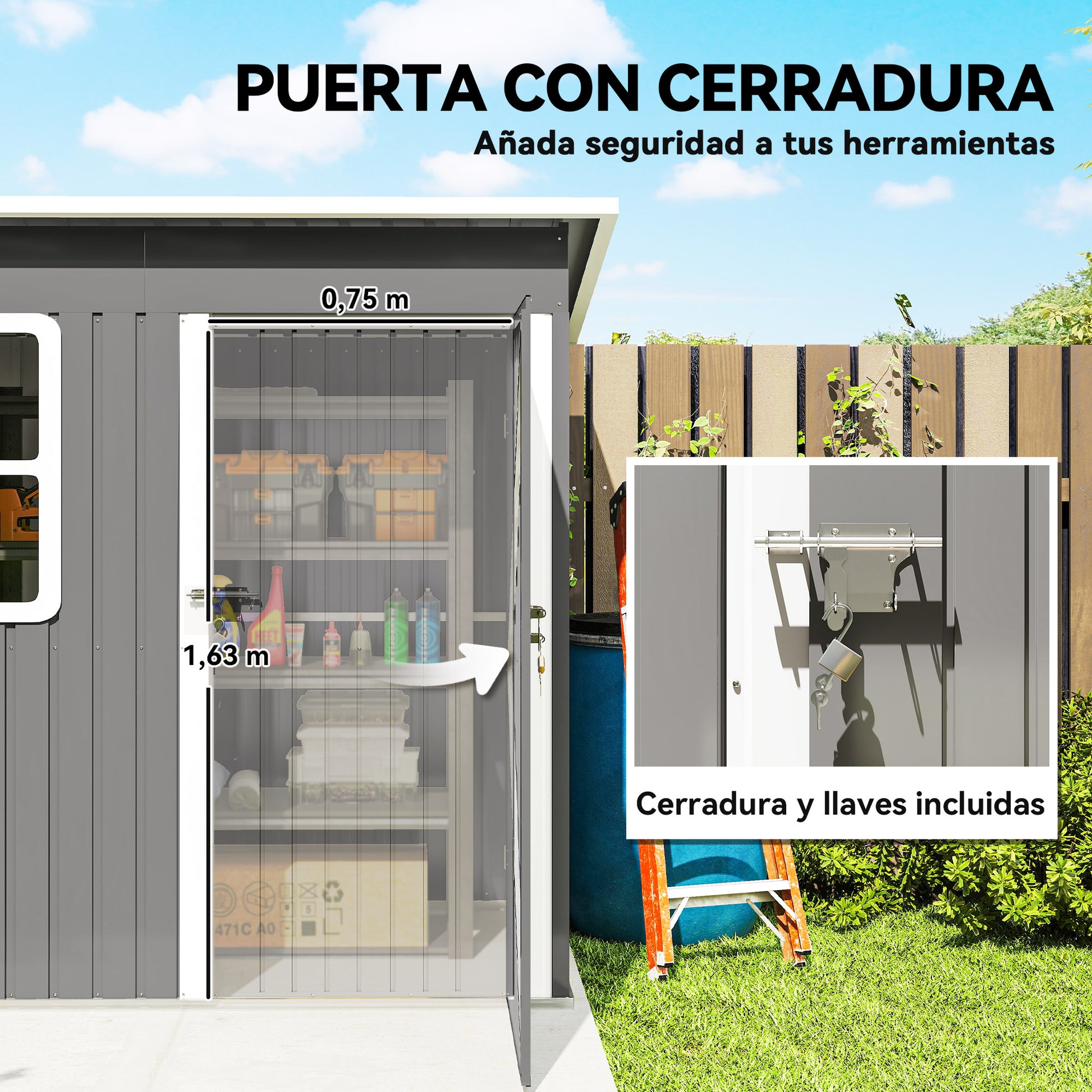 Outsunny Caseta de Jardín Exterior, 2,55 m² 221x133x190 cm, Cobertizo de Jardín Exterior Metálico con Ventana, Puerta con Cerradura y Ventilaciones, para Almacenamiento de Herramientas, Gris Oscuro