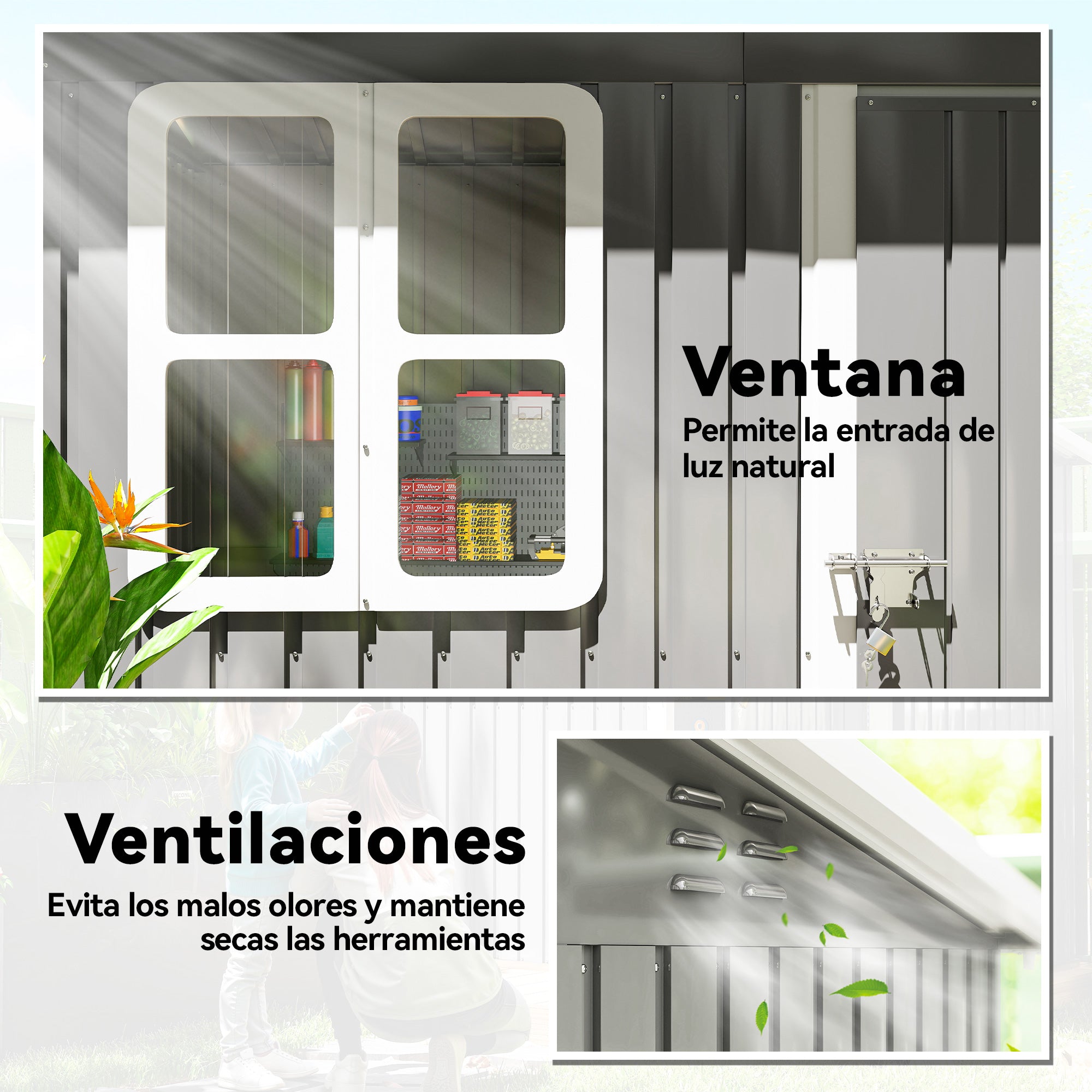 Outsunny Caseta de Jardín Exterior, 2,55 m² 221x133x190 cm, Cobertizo de Jardín Exterior Metálico con Ventana, Puerta con Cerradura y Ventilaciones, para Almacenamiento de Herramientas, Gris Oscuro