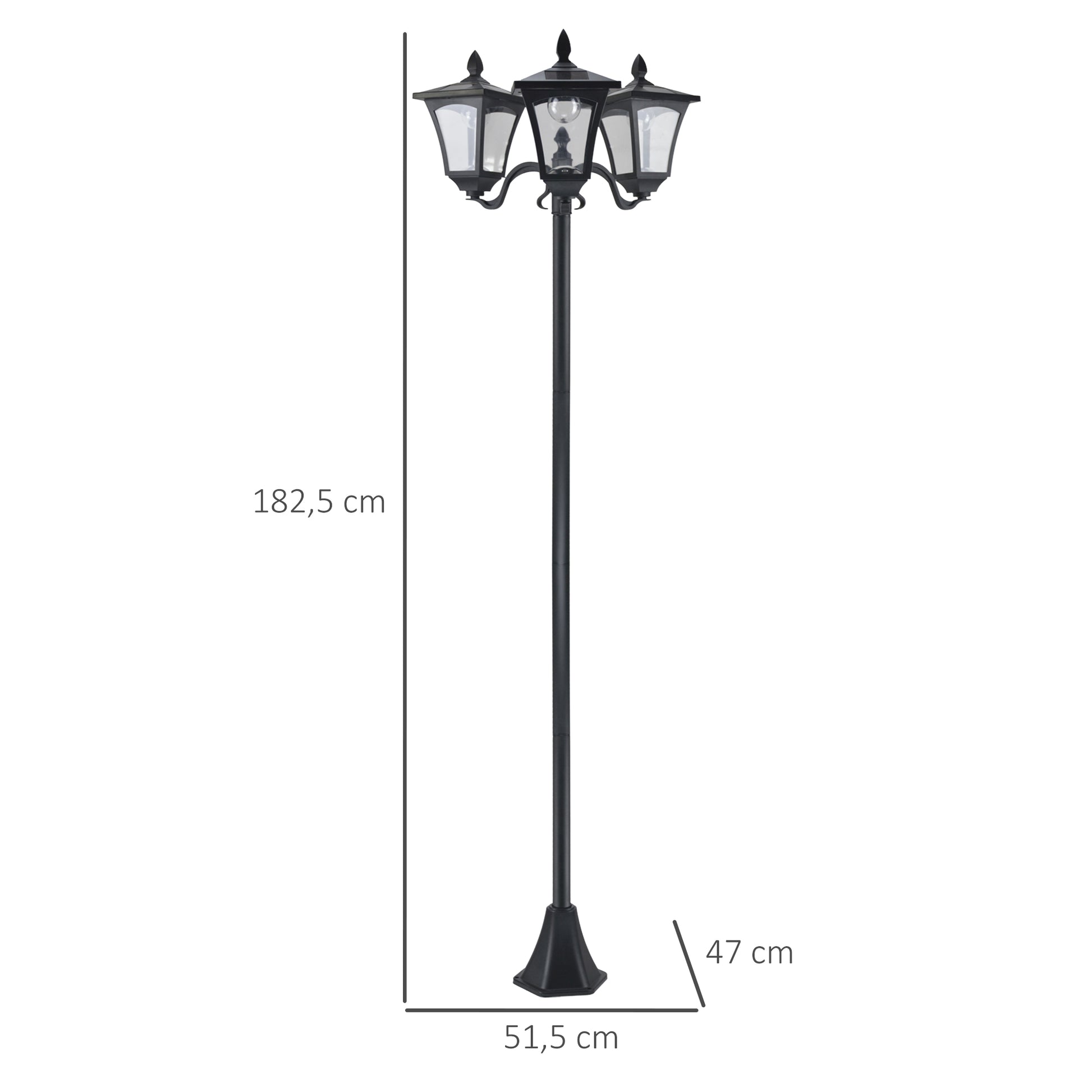 Outsunny Farol Solar de Jardín con 3 Luces LED Impermeable IP44 Sensor de Noche Farola de Exterior para Camino Terraza Patio 51,5x47x182,5 cm Negro