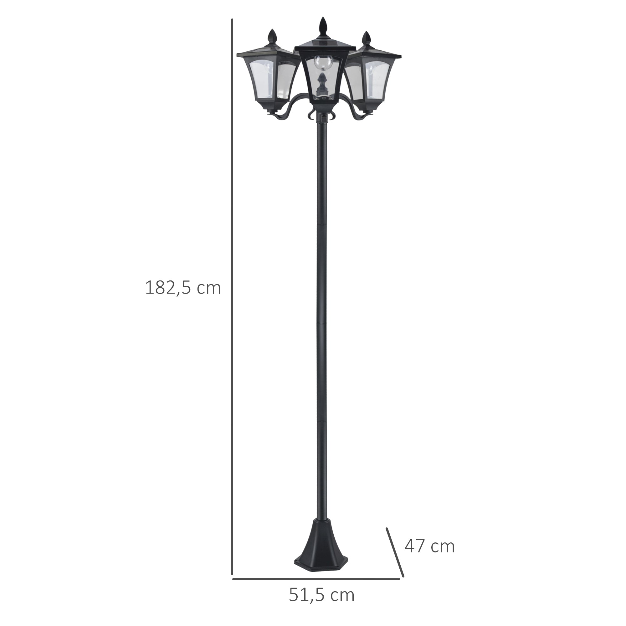 Outsunny Farol Solar de Jardín con 3 Luces LED Impermeable IP44 Sensor de Noche Farola de Exterior para Camino Terraza Patio 51,5x47x182,5 cm Negro