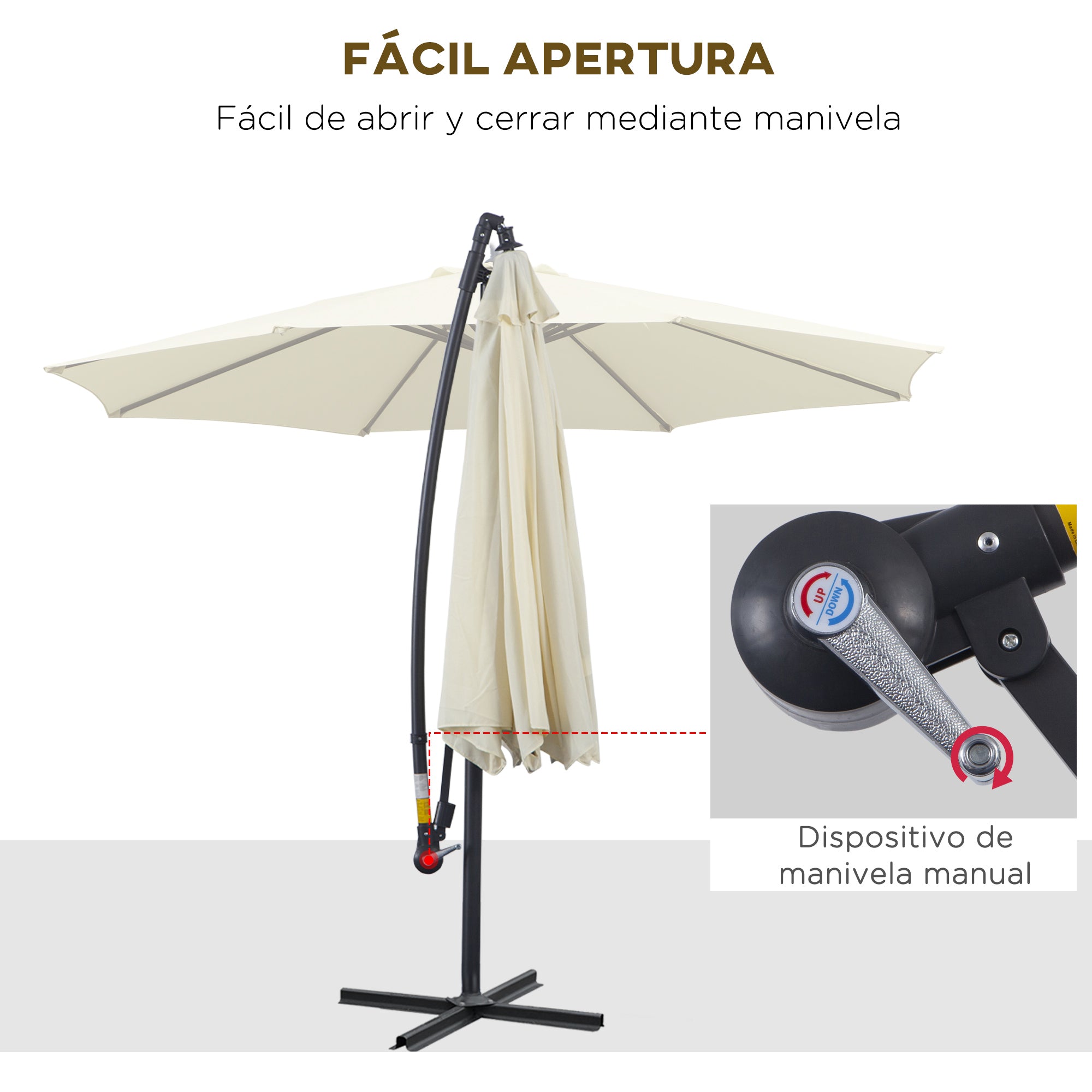 Outsunny Sombrilla de Jardín Ø300x250 cm Parasol Excéntrico Inclinable con Manivela Base Cruzada y Soporte de Metal 8 Varillas para Terraza Exterior Balcón Beige