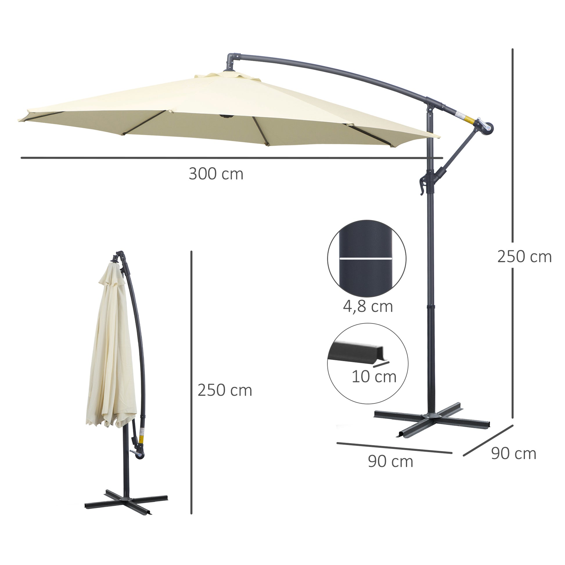 Outsunny Sombrilla de Jardín Ø300x250 cm Parasol Excéntrico Inclinable con Manivela Base Cruzada y Soporte de Metal 8 Varillas para Terraza Exterior Balcón Beige