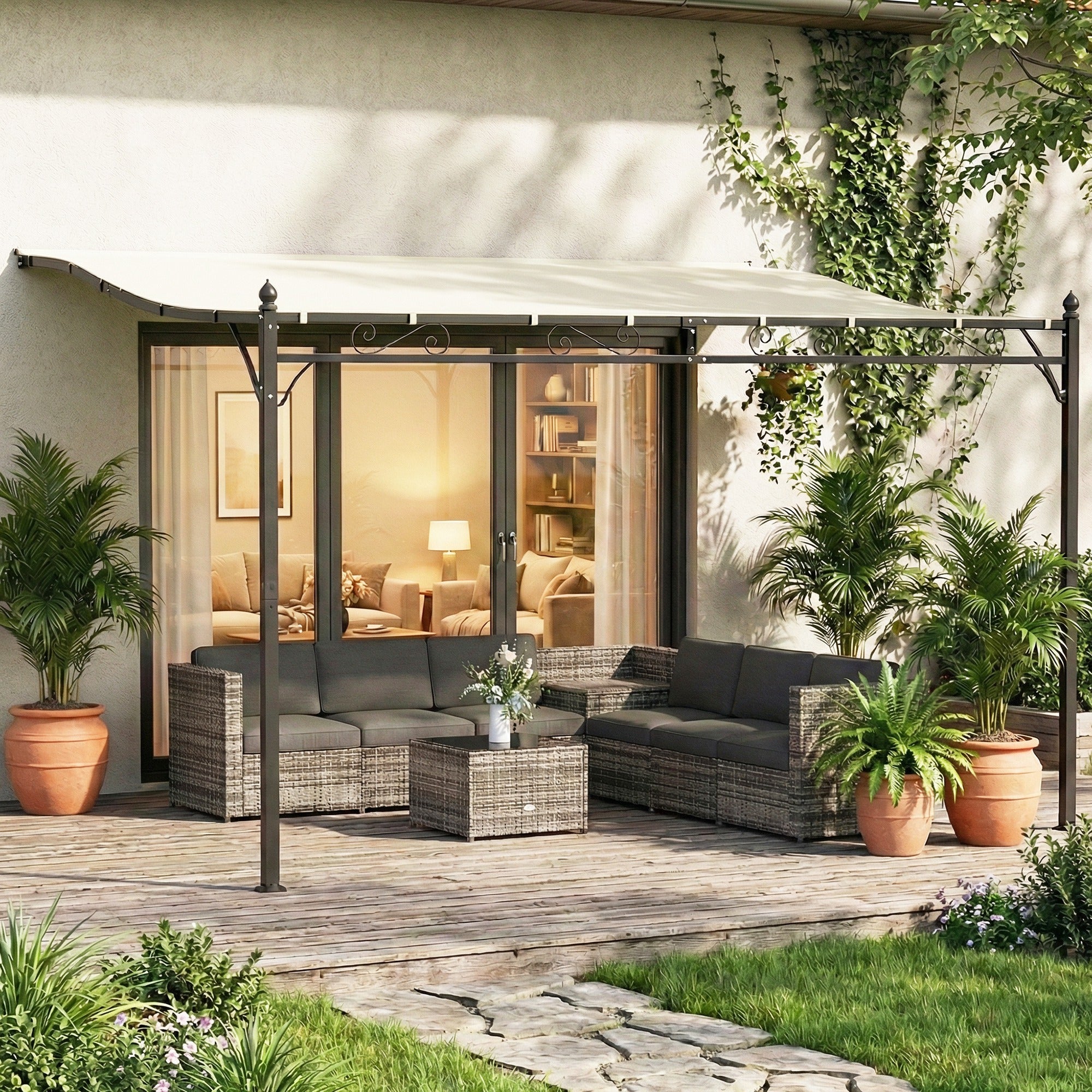 Outsunny Pérgola de Pared de Jardín 2,5x3,5 m, Cenador de Jardín con Techo Inclinado, Orificios de Drenaje y Estructura Metálica Resistente, UPF30, Gazebo para Patio, Terraza, Balcón, Blanco Crema
