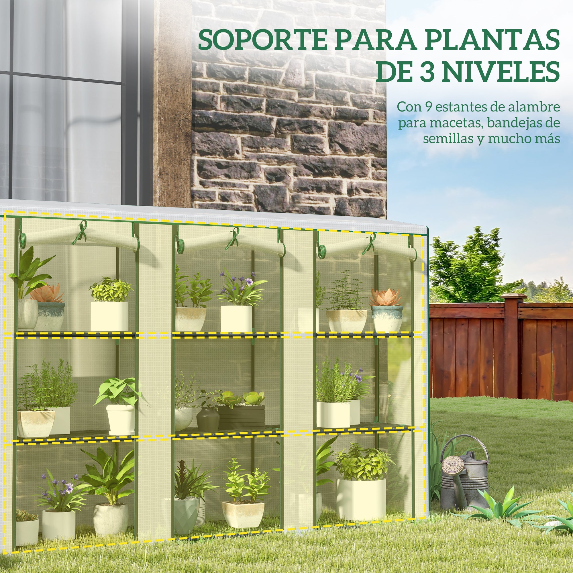 Outsunny Invernadero de Exterior de 3 Niveles Invernadero de Jardín con 9 Estantes Puerta Enrollable con Cremallera Marco de Acero Cubierta de PE 140g/m² Anti-UV para Terraza 215x46x151cm Blanco