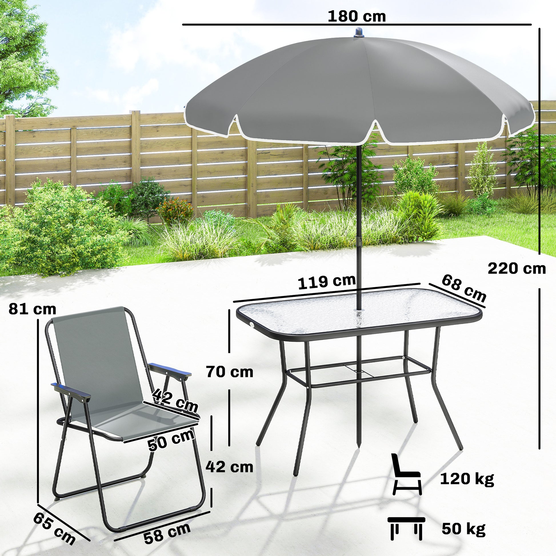 Outsunny Conjunto de Mesa y Sillas Jardín de 8 Piezas, Muebles de Jardín Exterior con Sombrilla, 6 Sillas Plegables, Mesa de Vidrio Templado, para Terraza, Patio, Gris