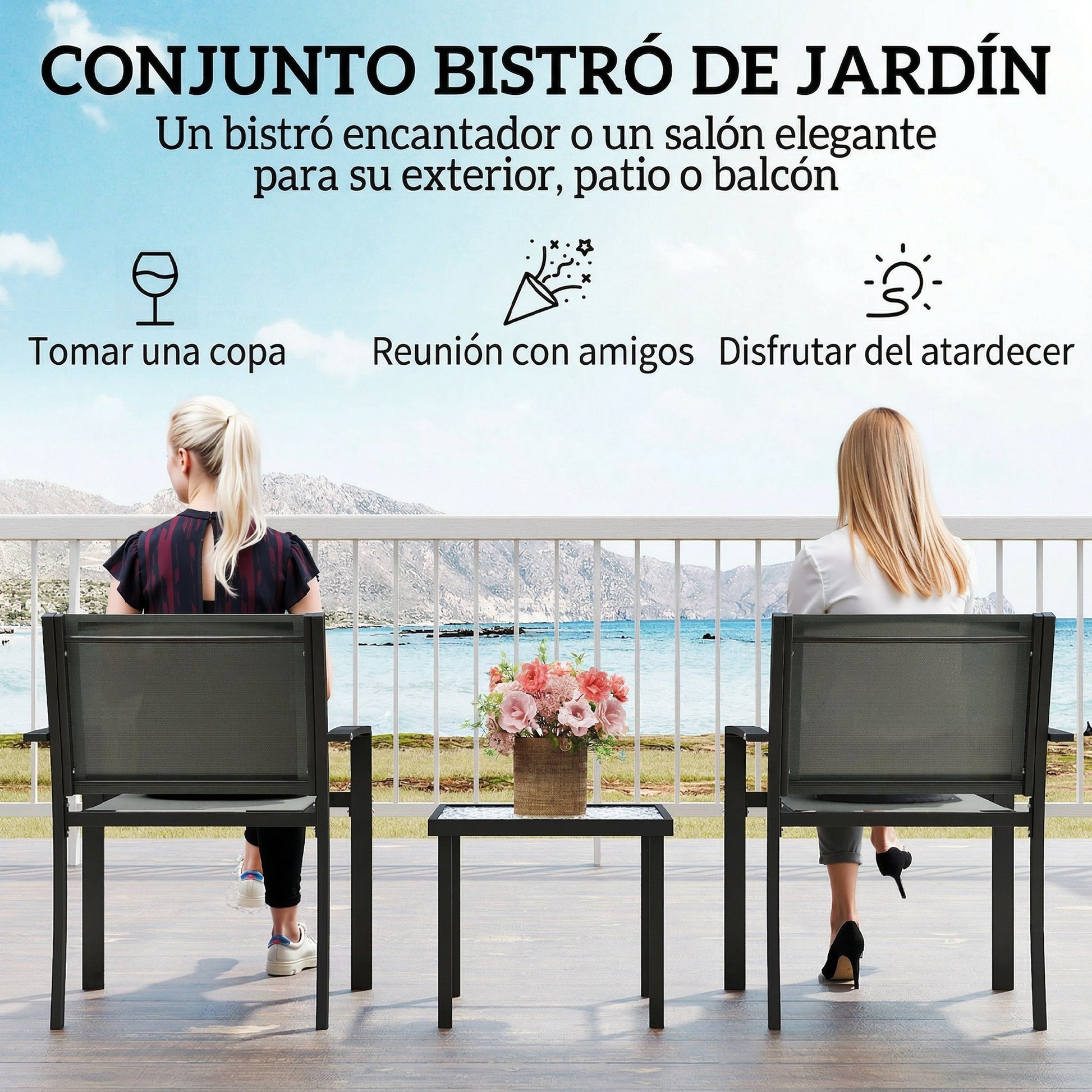Outsunny Conjunto de Mesa y Sillas de Terraza Exterior 3 Piezas, Muebles de Jardín Exterior con 2 Sillas Anchas de Textilene, Mesa de Vidrio Templado, para Patio, Balcón, Gris Claro